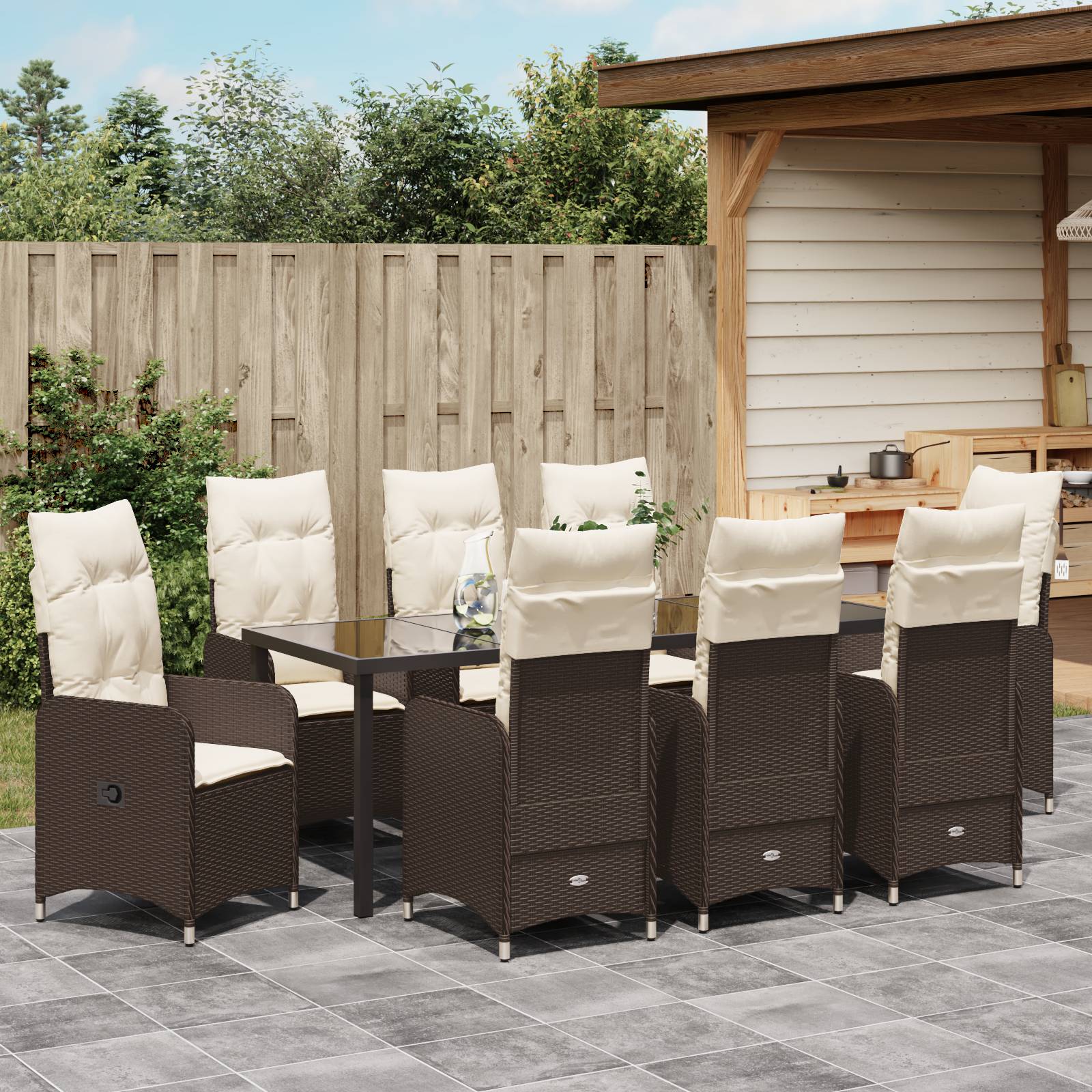 vidaXL 9-tlg. Garten-Essgruppe mit Kissen Braun Poly Rattan