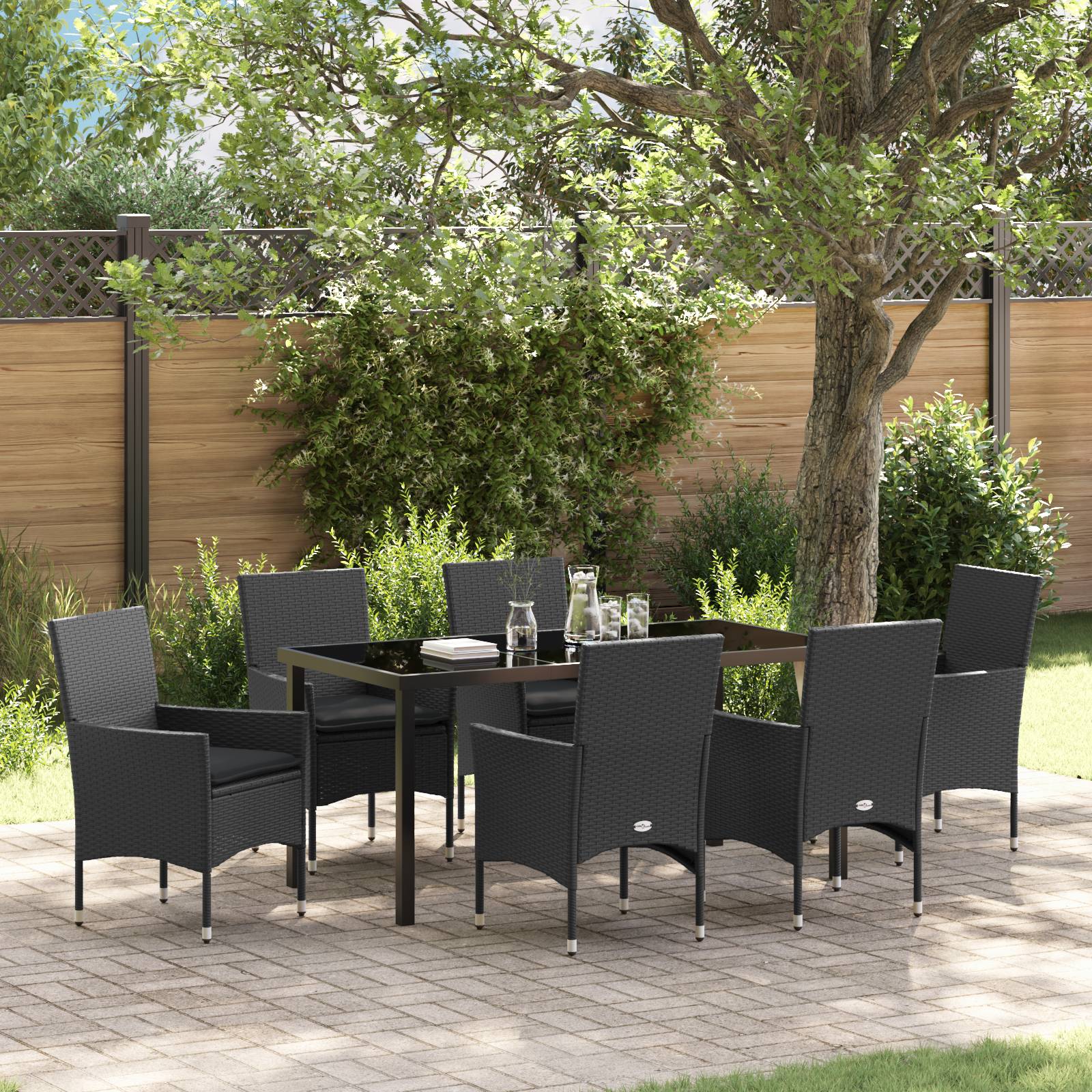 vidaXL 7-teiliges Garten Esstisch Set mit Kissen schwarzes Poly-Rattan