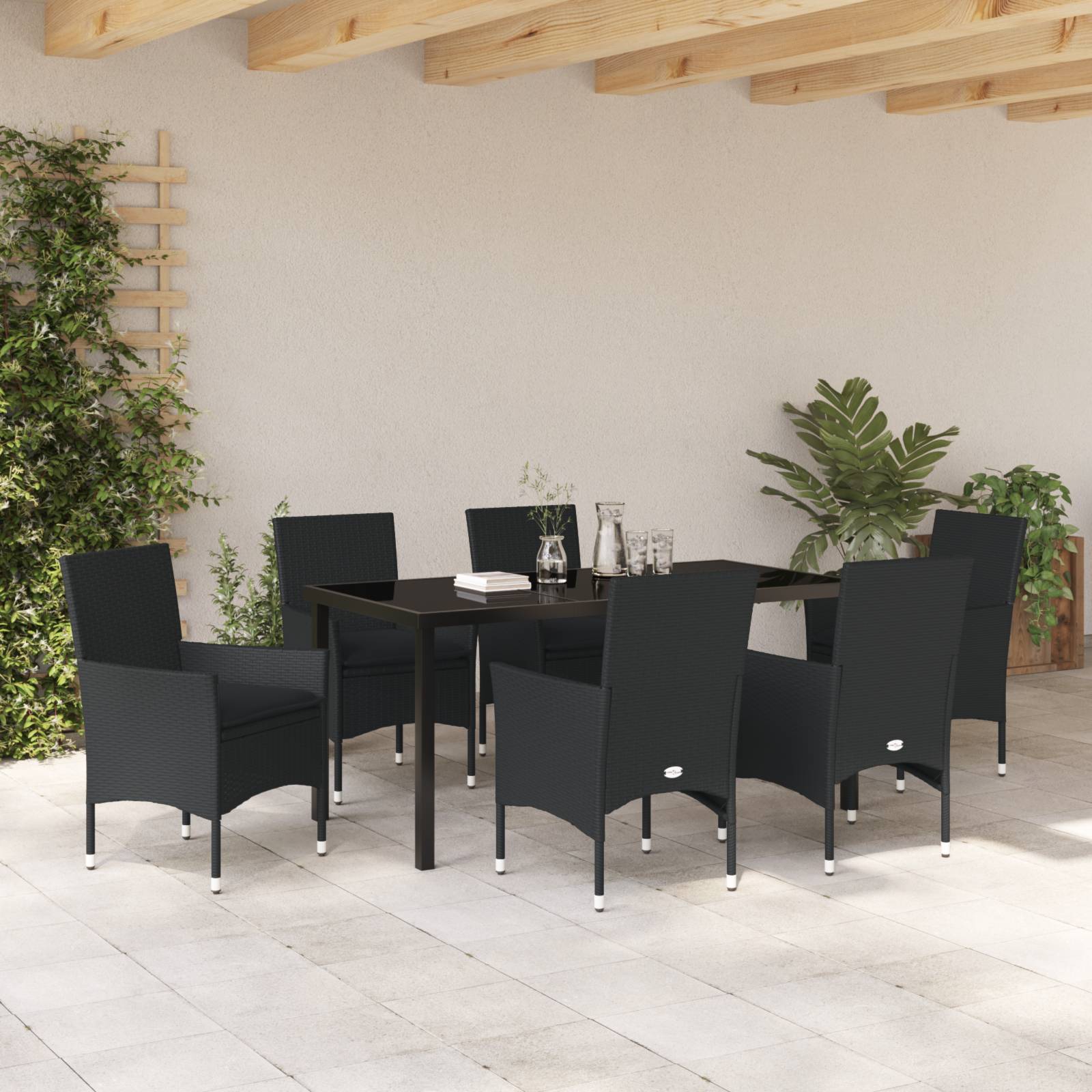 vidaXL 7-teiliges Garten Esstisch Set mit Kissen schwarzes Poly-Rattan