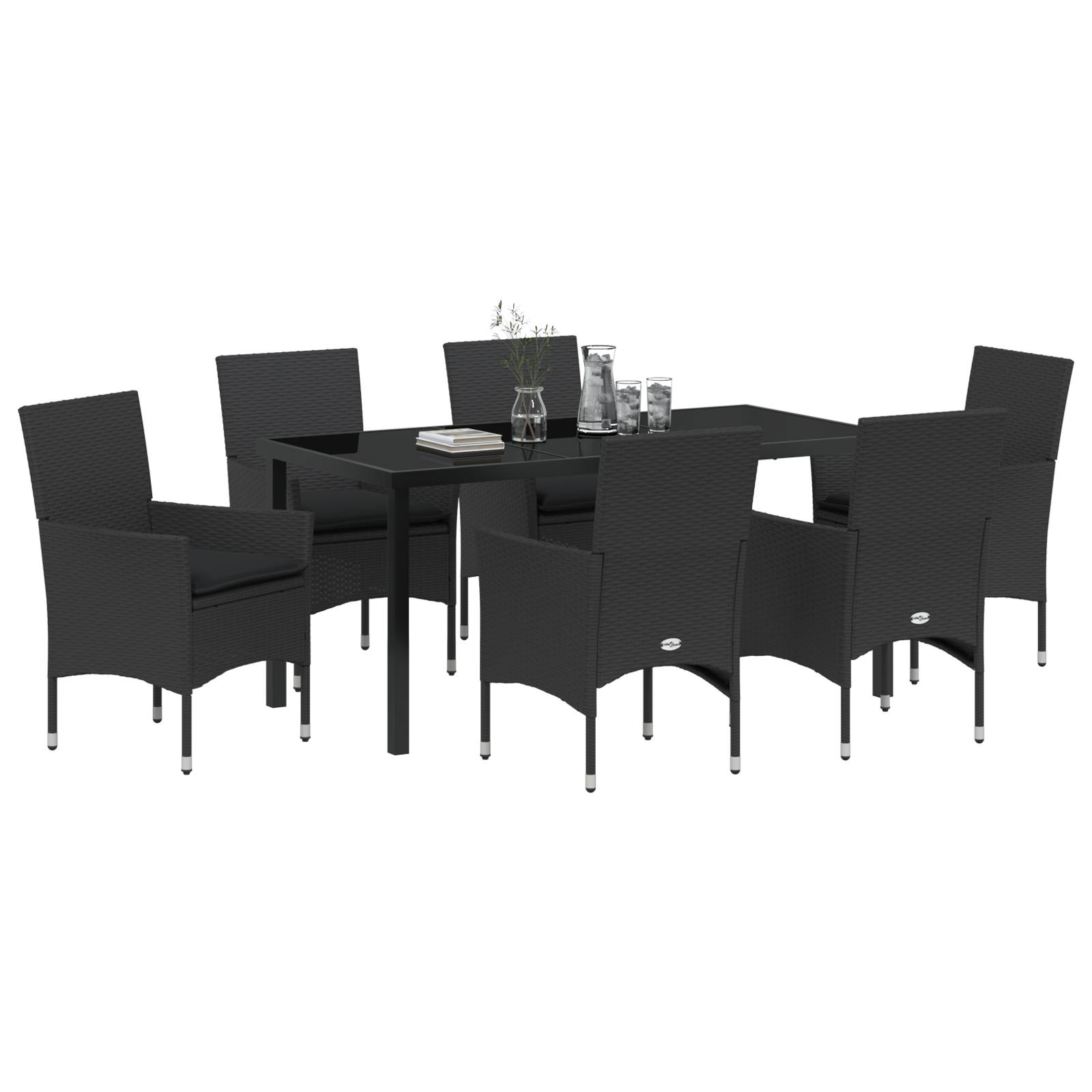 vidaXL 7-teiliges Garten Esstisch Set mit Kissen schwarzes Poly-Rattan