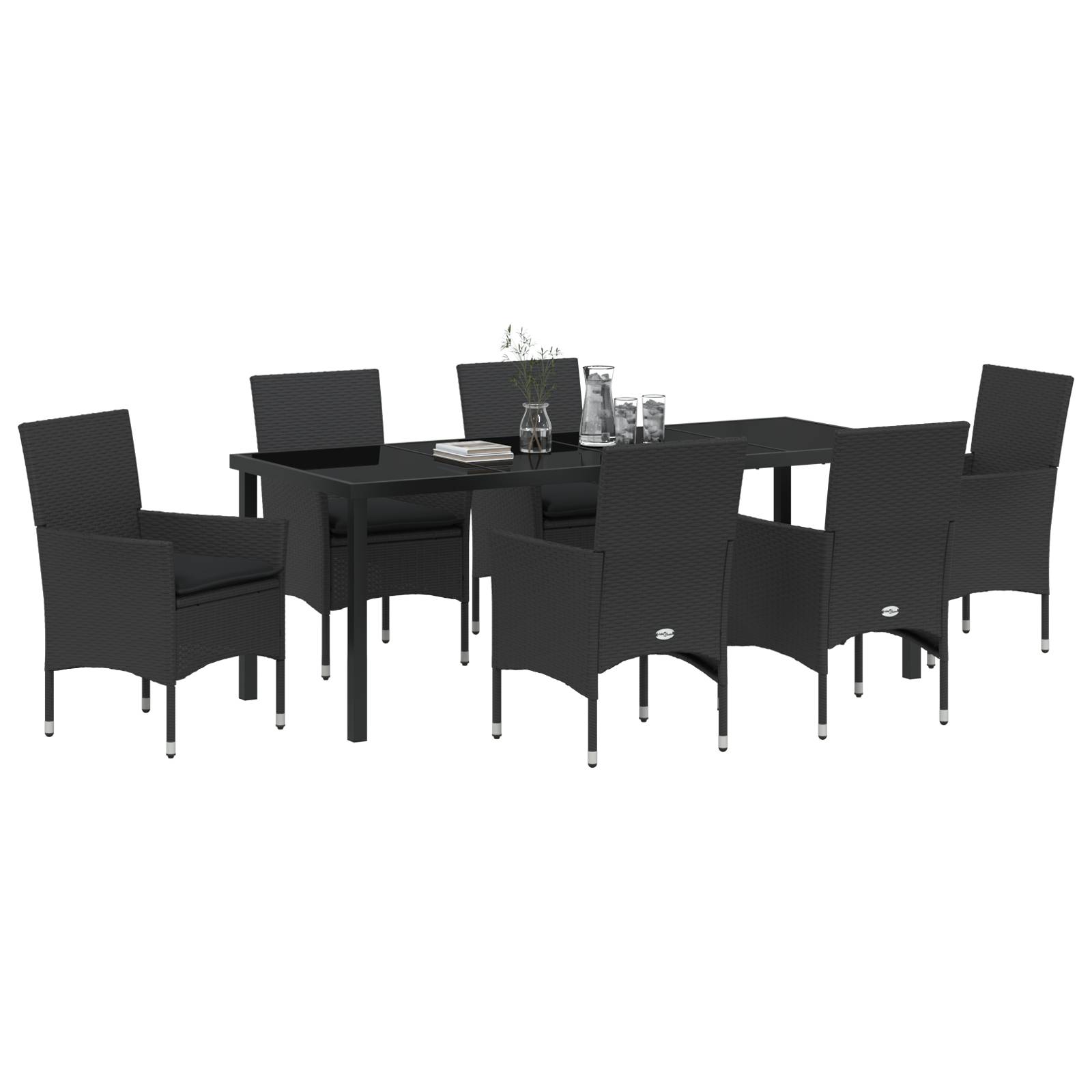 vidaXL 7-teilige Garten Essgruppe mit Kissen Schwarz Poly Rattan