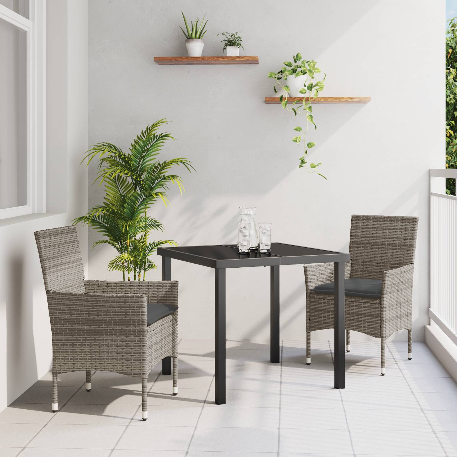 vidaXL 3-teilige Garten Essgruppe mit Kissen Graues Poly-Rattan