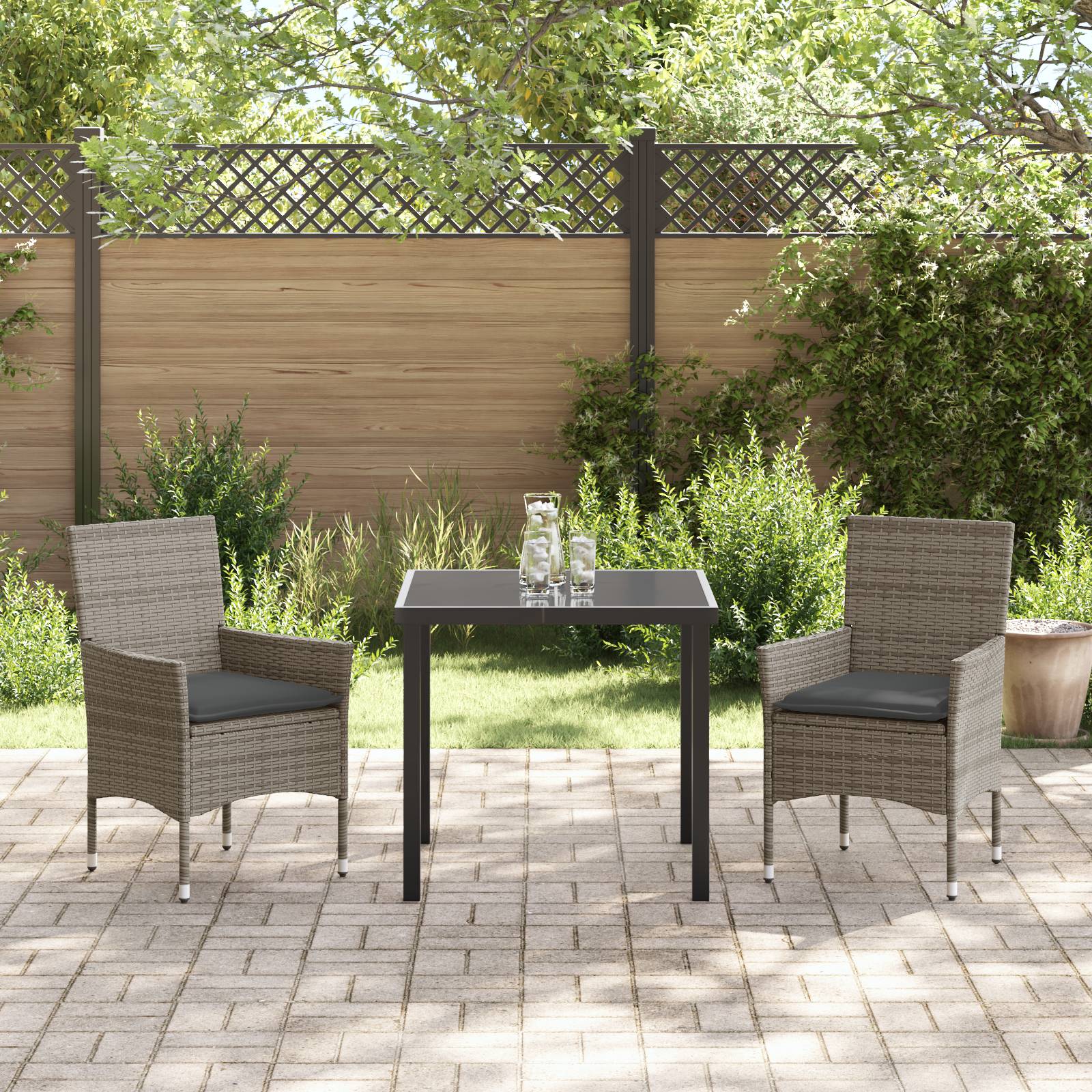vidaXL 3-teilige Garten Essgruppe mit Kissen Graues Poly-Rattan