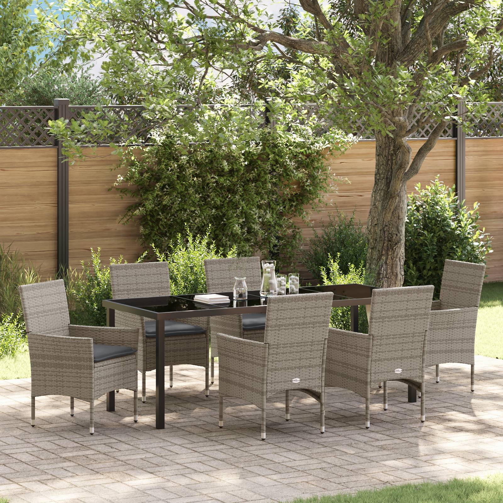 vidaXL 7-teilige Garten Essgruppe mit Kissen Graues Poly Rattan