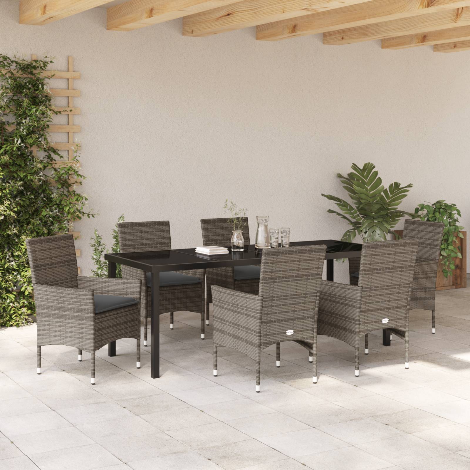 vidaXL 7-teilige Garten Essgruppe mit Kissen Graues Poly Rattan