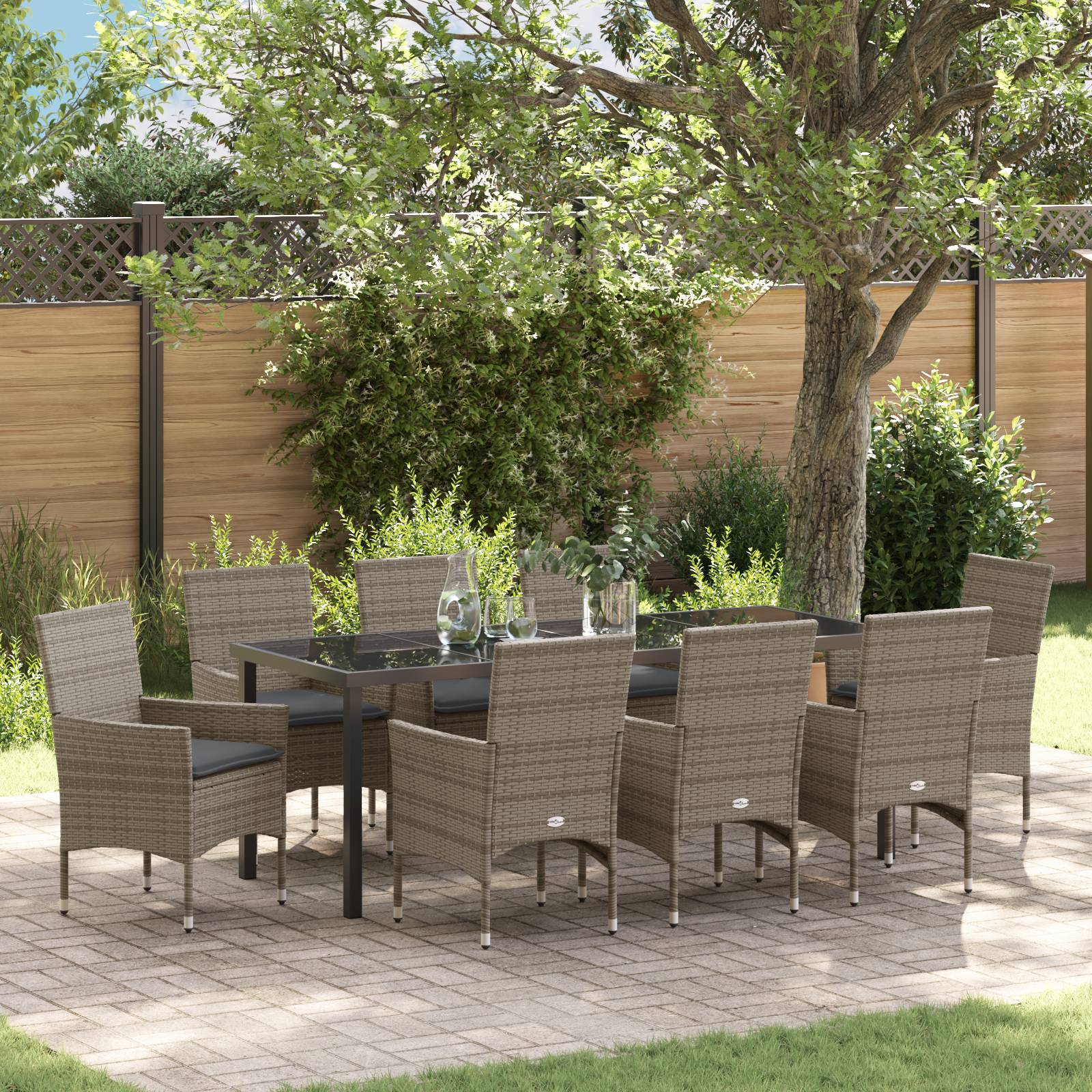 vidaXL 9-teilige Garten Essgruppe mit Kissen Grau Poly Rattan