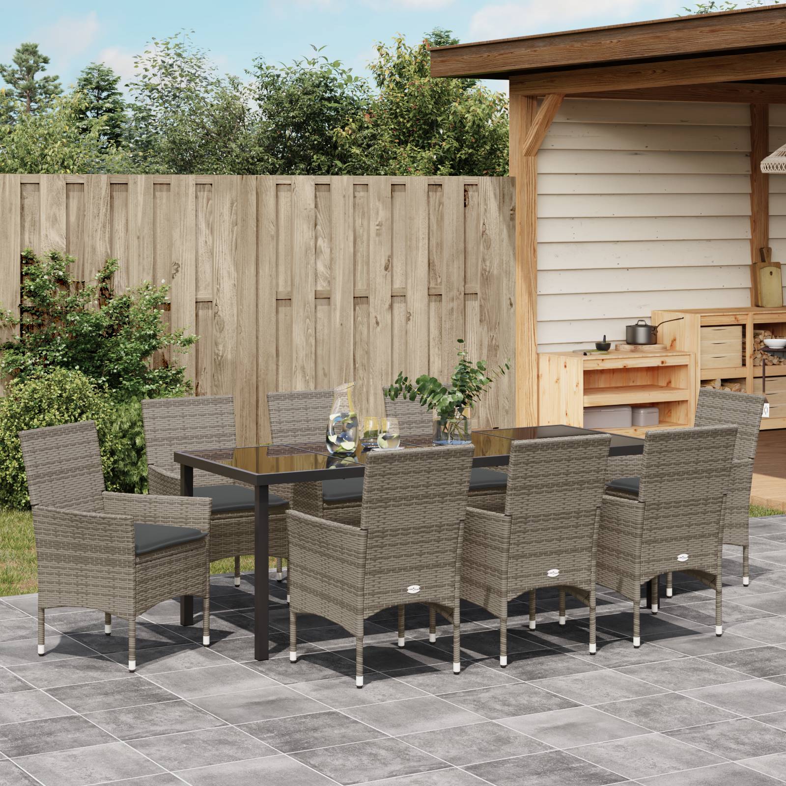 vidaXL 9-teilige Garten Essgruppe mit Kissen Grau Poly Rattan