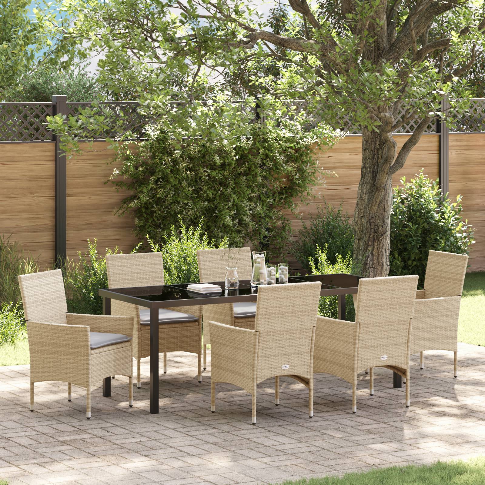 vidaXL 7-teiliges Garten Essensemble mit Kissen Beige Poly-Rattan