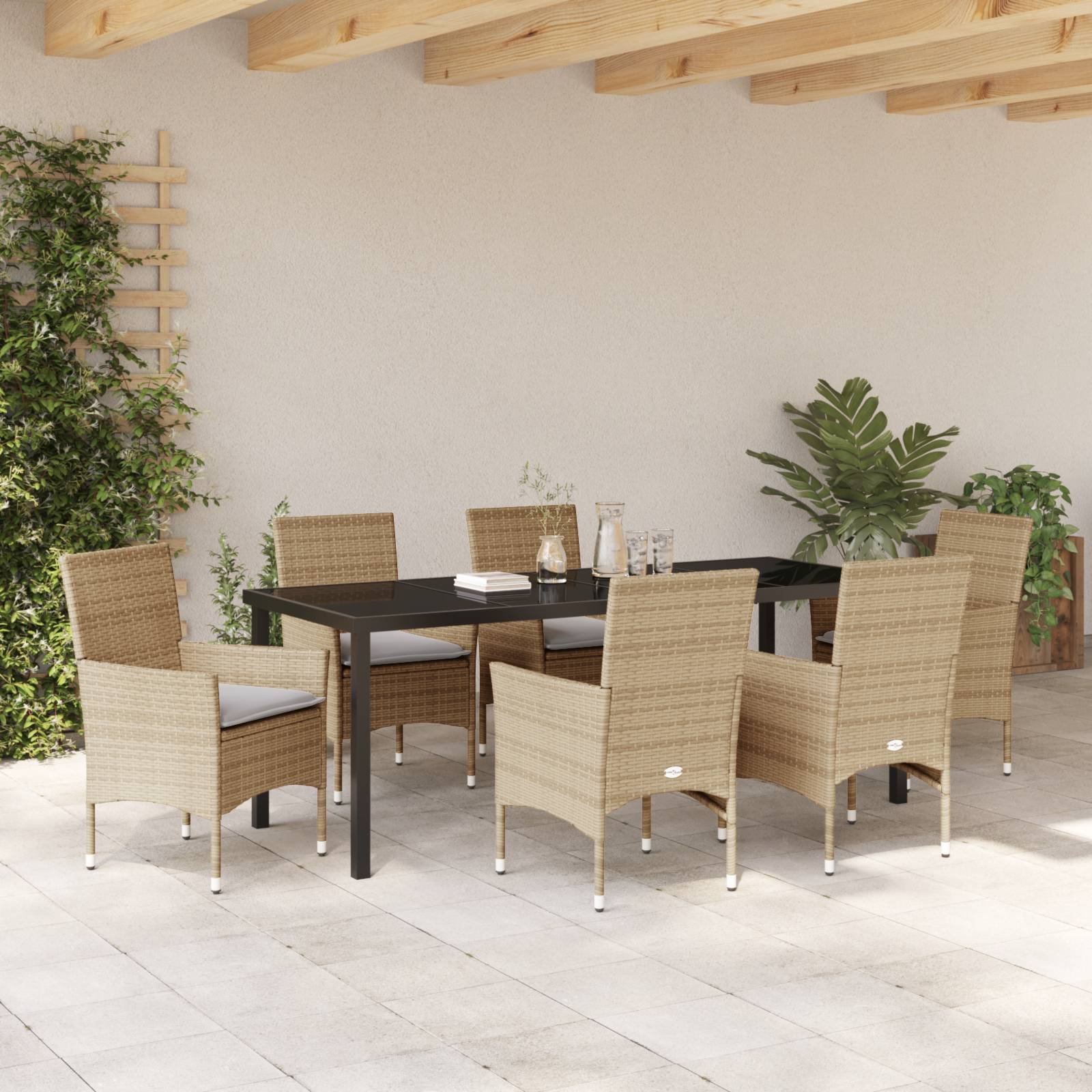 vidaXL 7-teiliges Garten Essensemble mit Kissen Beige Poly-Rattan