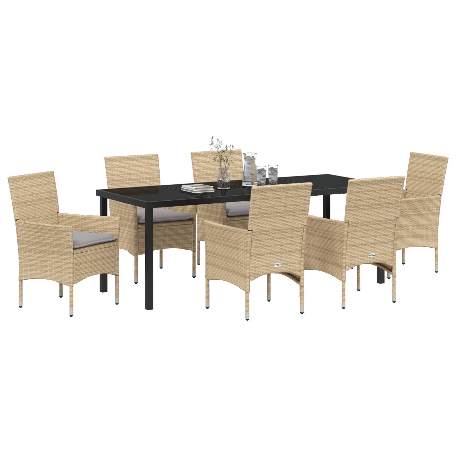 vidaXL 7-teiliges Garten Essensemble mit Kissen Beige Poly-Rattan