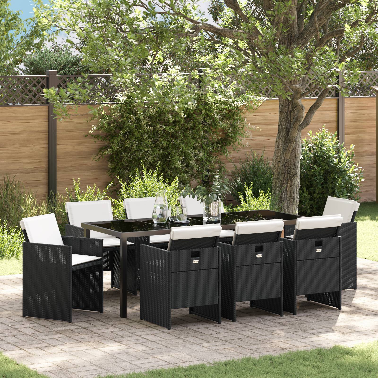 vidaXL 9-teilige Garten Essgruppe mit Kissen Schwarz Poly-Rattan