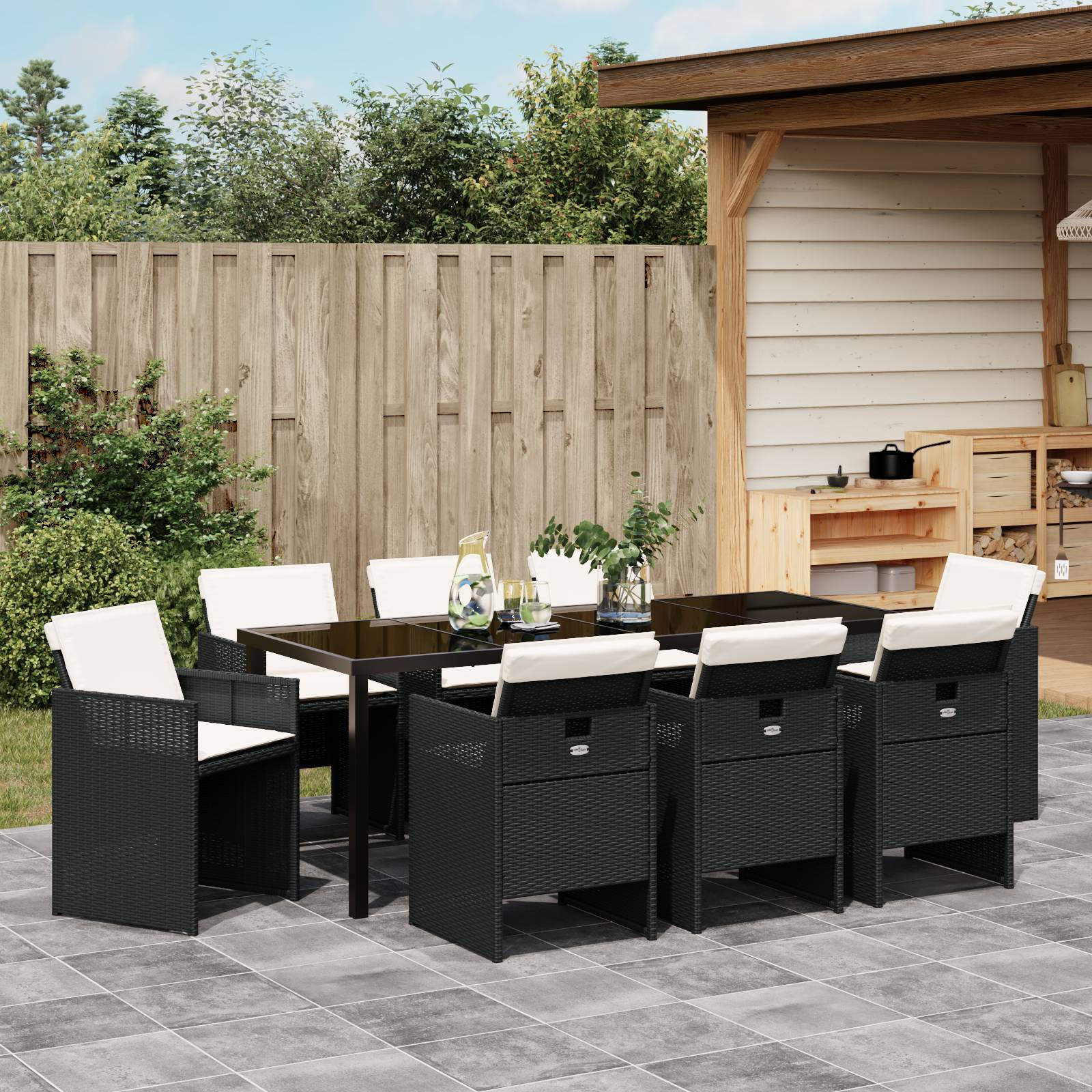 vidaXL 9-teilige Garten Essgruppe mit Kissen Schwarz Poly-Rattan