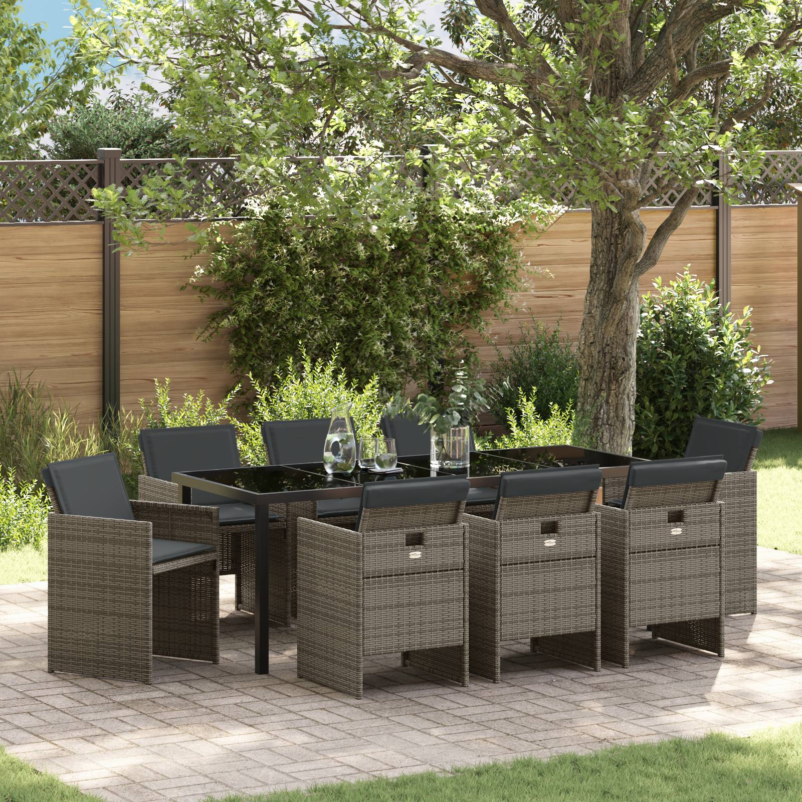 vidaXL 9-teiliges Garten-Dining-Set mit Kissen Grau Poly-Rattan
