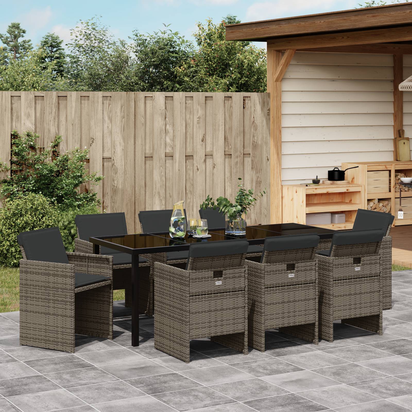 vidaXL 9-teiliges Garten-Dining-Set mit Kissen Grau Poly-Rattan