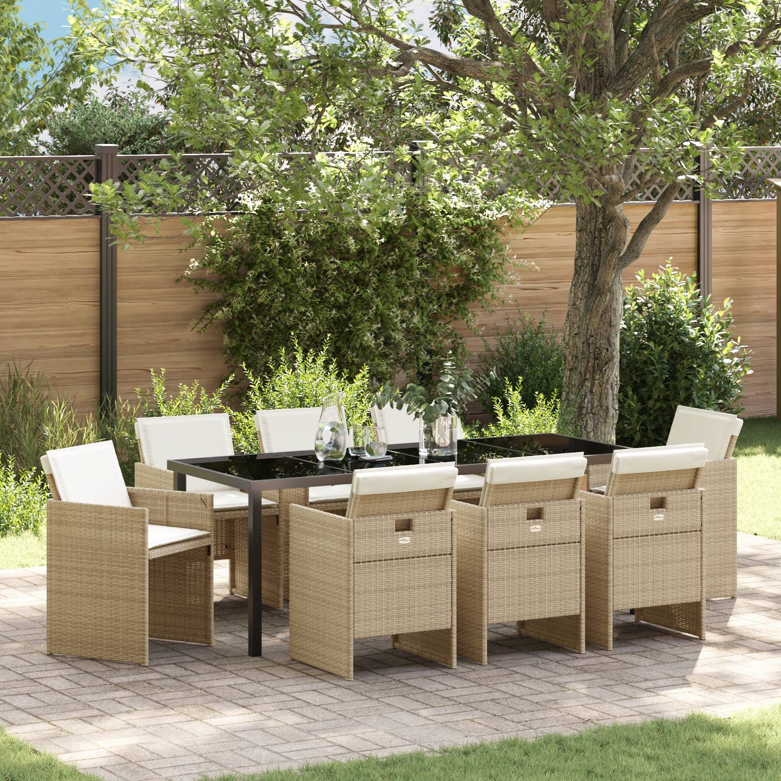 vidaXL 9-teiliges Garten-Esszimmer Set mit Kissen Beige Poly-Rattan