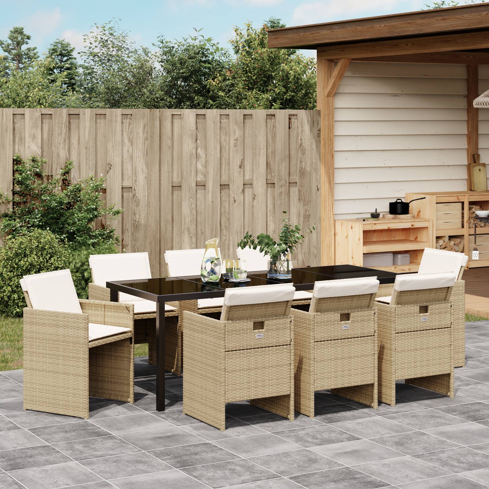 vidaXL 9-teiliges Garten-Esszimmer Set mit Kissen Beige Poly-Rattan