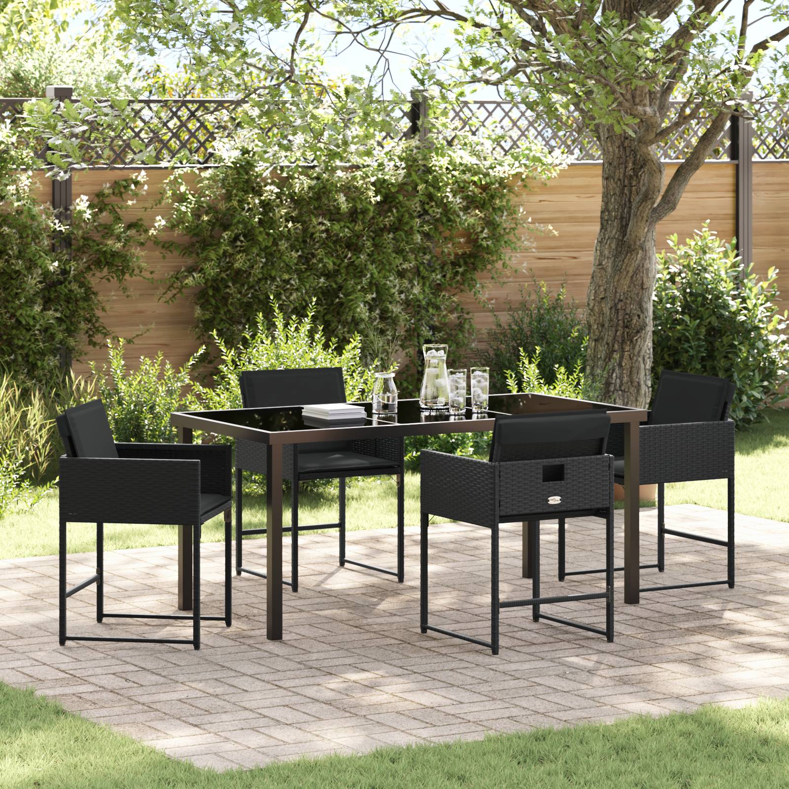vidaXL 5-teilige Garten Essgruppe mit Kissen Schwarz Poly-Rattan