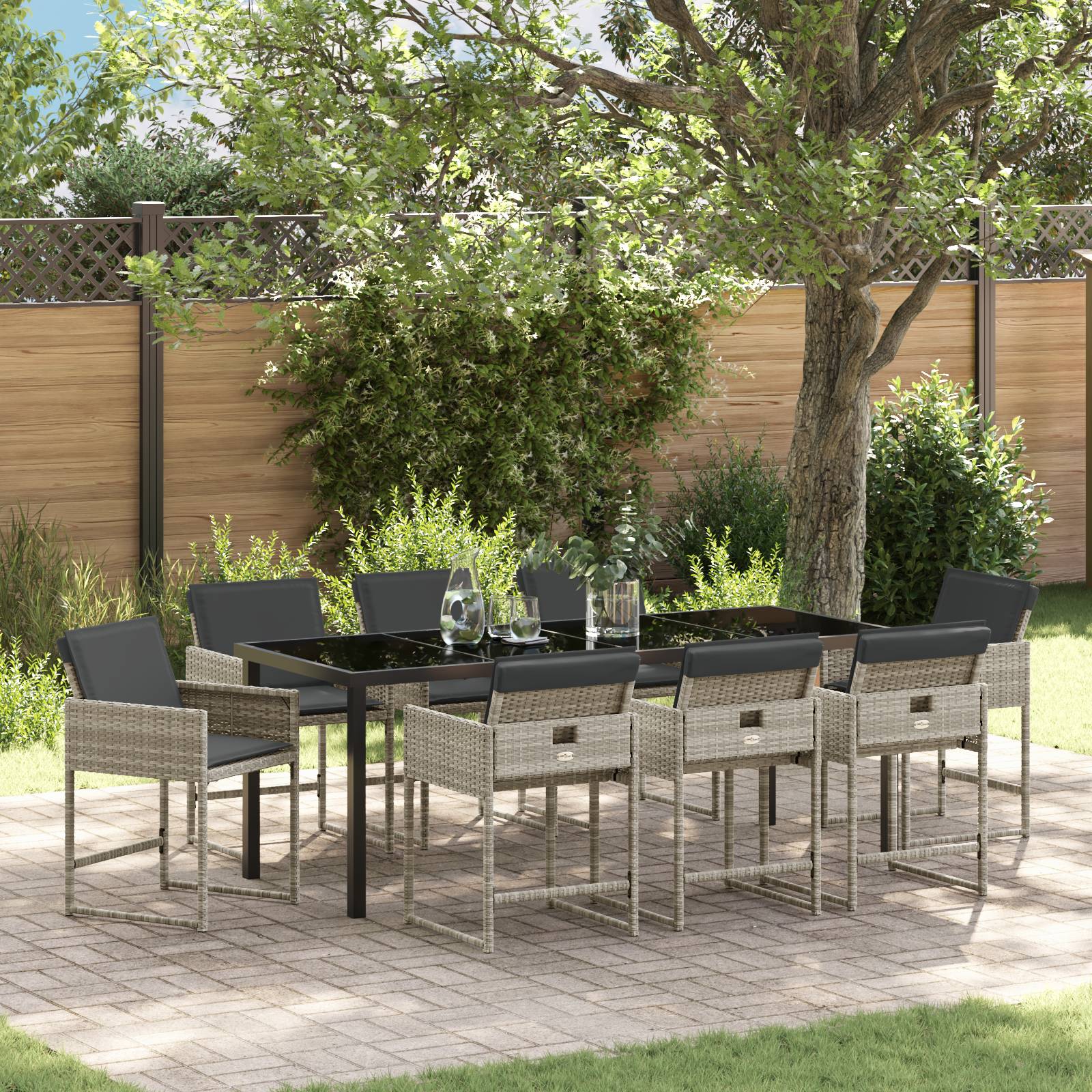 vidaXL 9-teiliges Garten Essset mit Kissen Hellgrau Poly Rattan