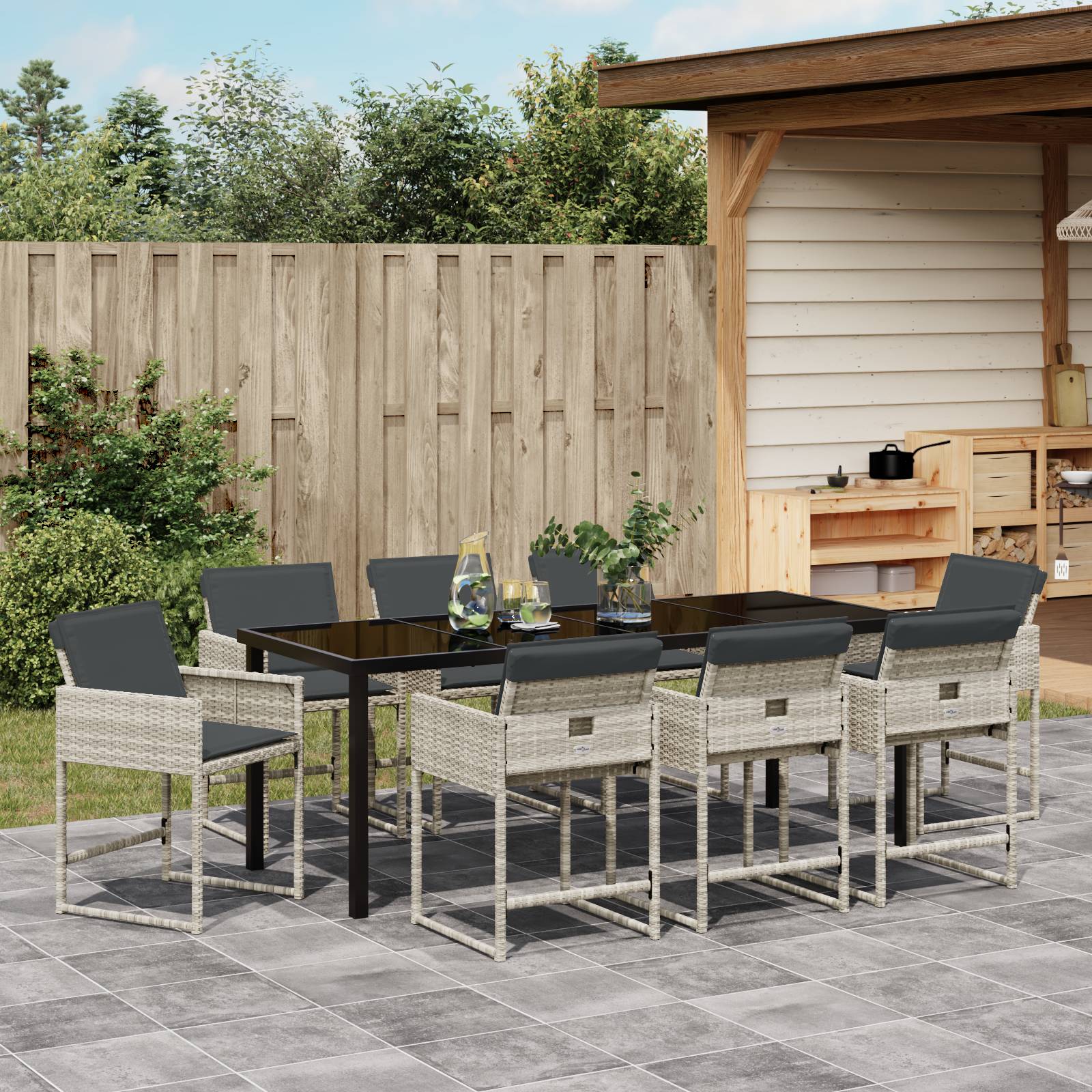 vidaXL 9-teiliges Garten Essset mit Kissen Hellgrau Poly Rattan