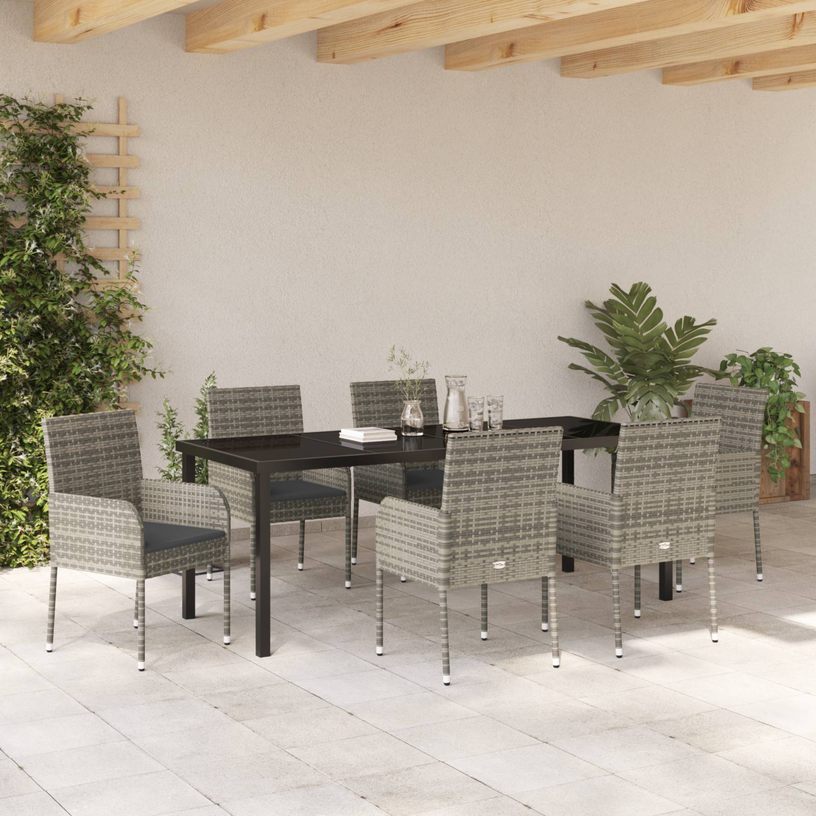 vidaXL 7-teiliges Garten Essset mit Kissen Grau Poly Rattan