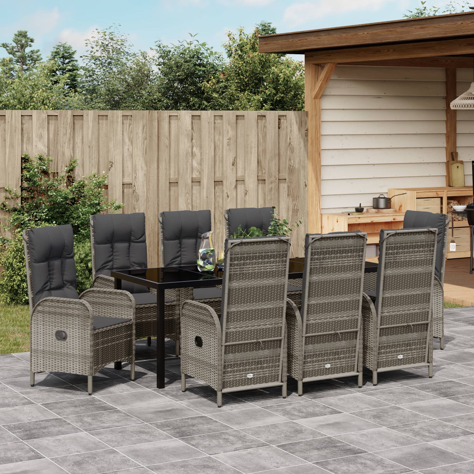 vidaXL 9-teiliges Garten-Esszimmer-Set Grau Poly-Rattan