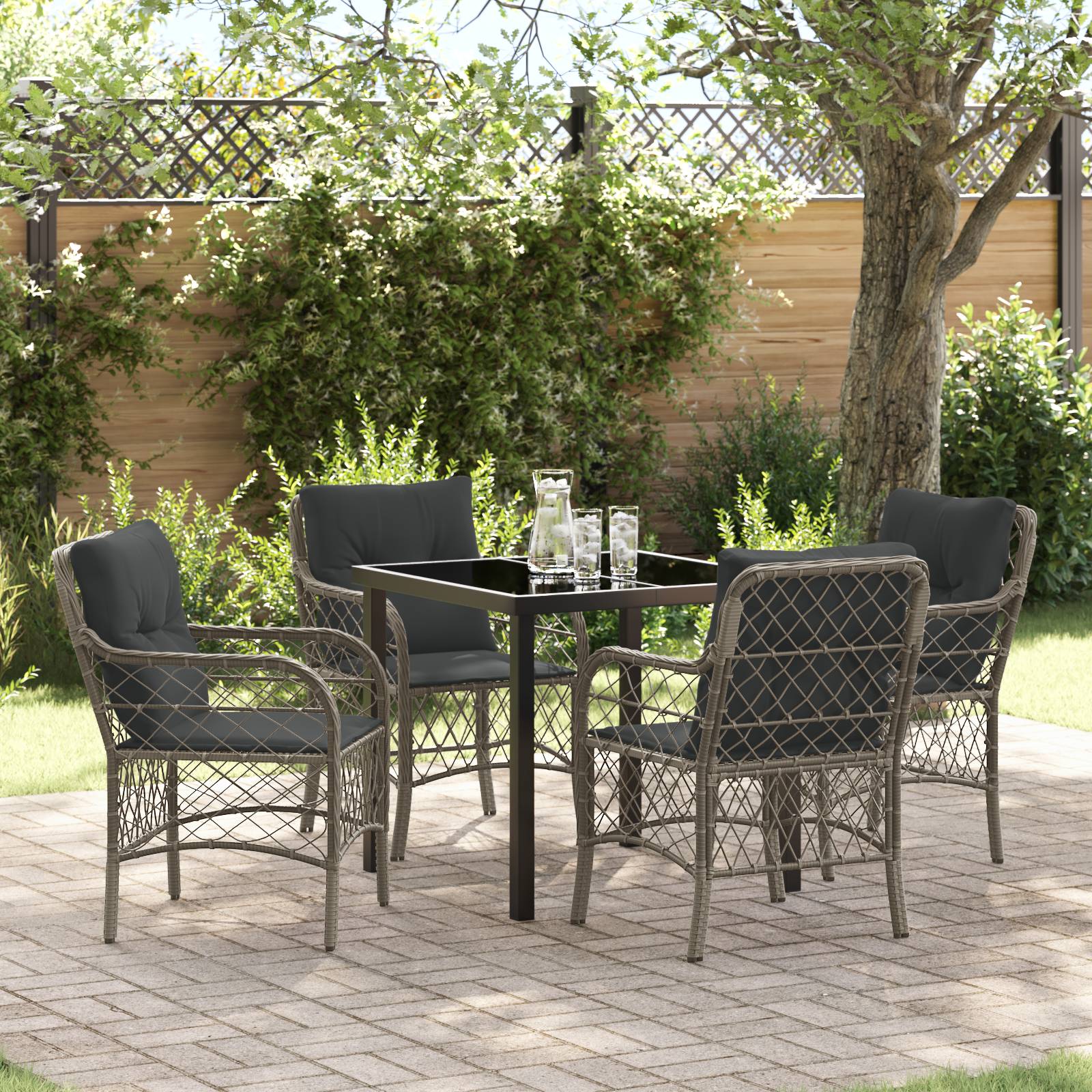 vidaXL 5-teiliges Gartentisch-Set mit Kissen Grau Poly Rattan