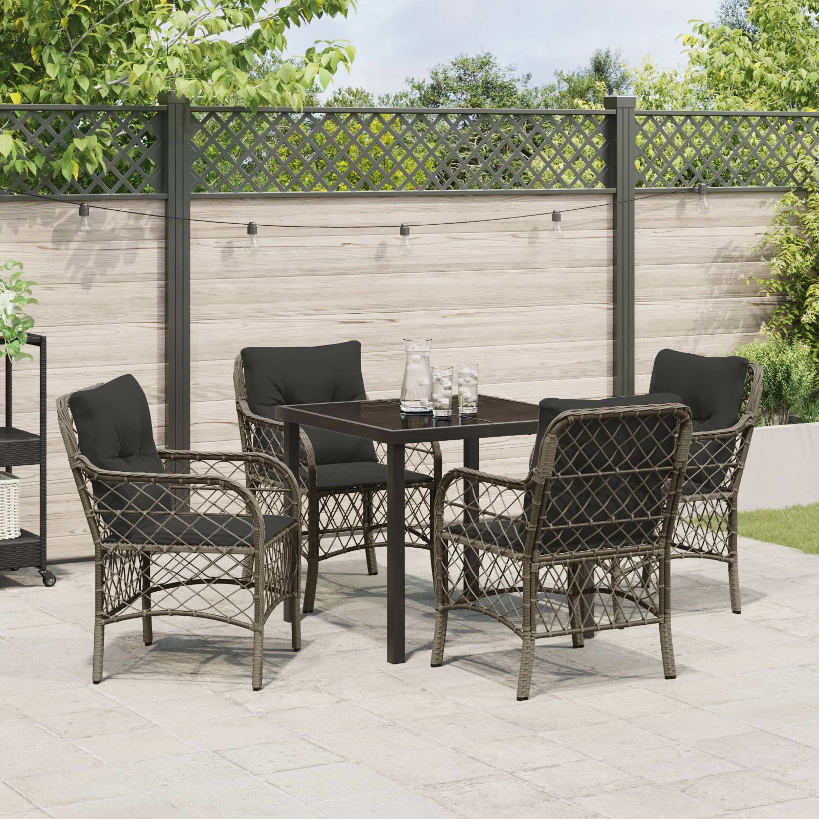 vidaXL 5-teiliges Gartentisch-Set mit Kissen Grau Poly Rattan