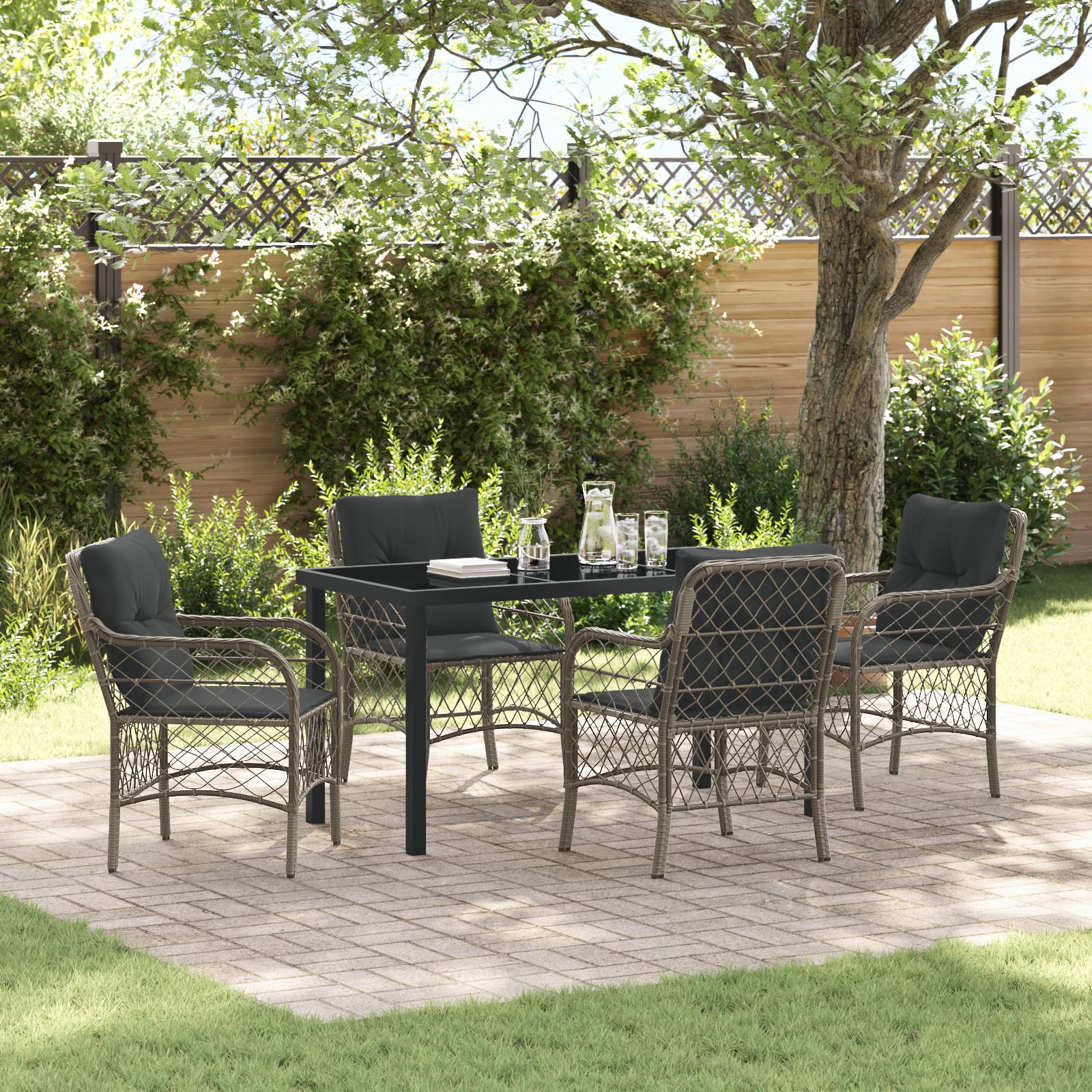 vidaXL 5-Teiliges Garten-Essset mit Kissen Grau Poly-Rattan
