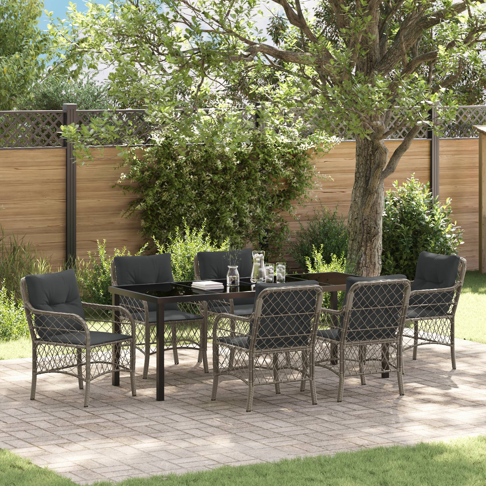 vidaXL 7-teilige Garten Essgruppe mit Kissen Grau Poly Rattan