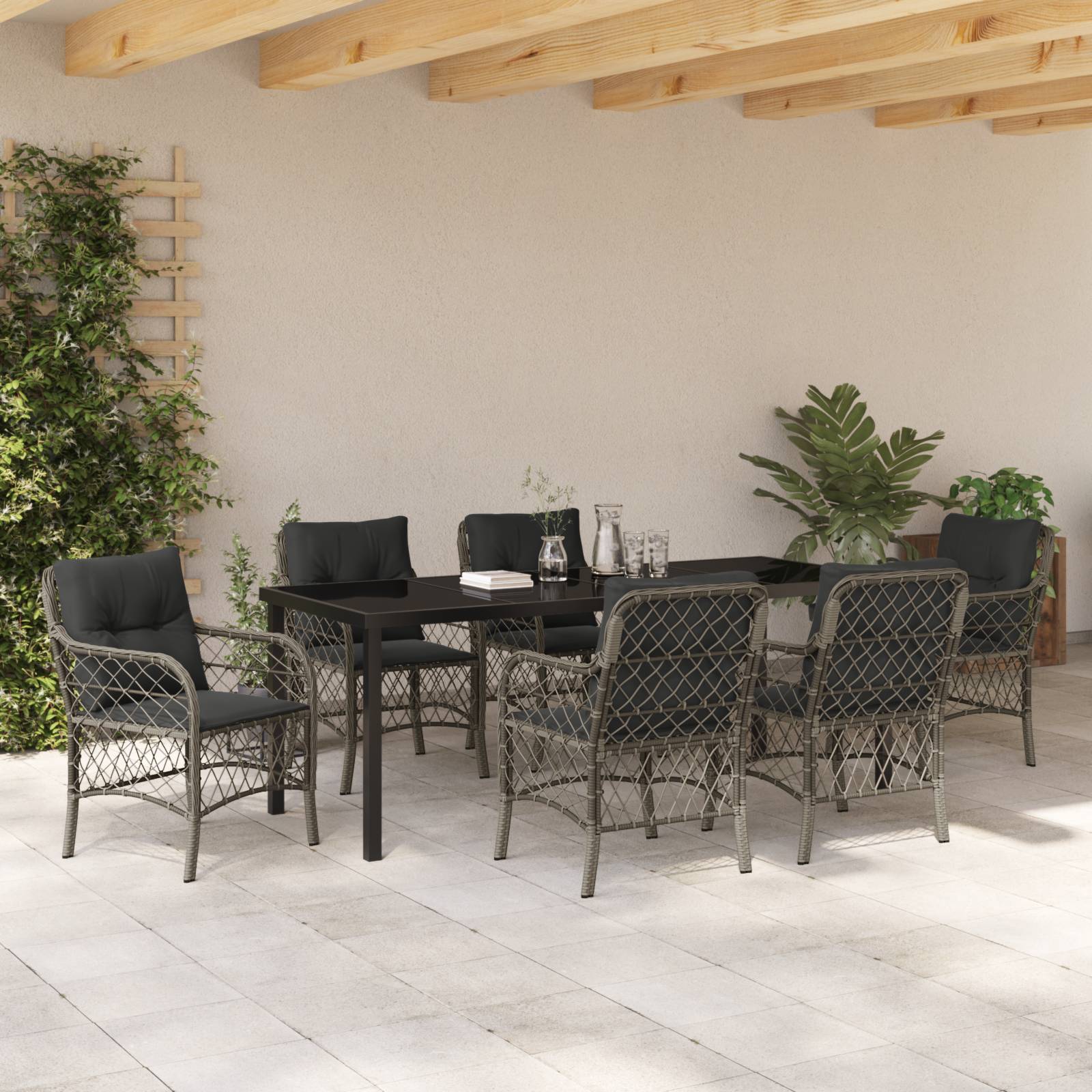 vidaXL 7-teilige Garten Essgruppe mit Kissen Grau Poly Rattan