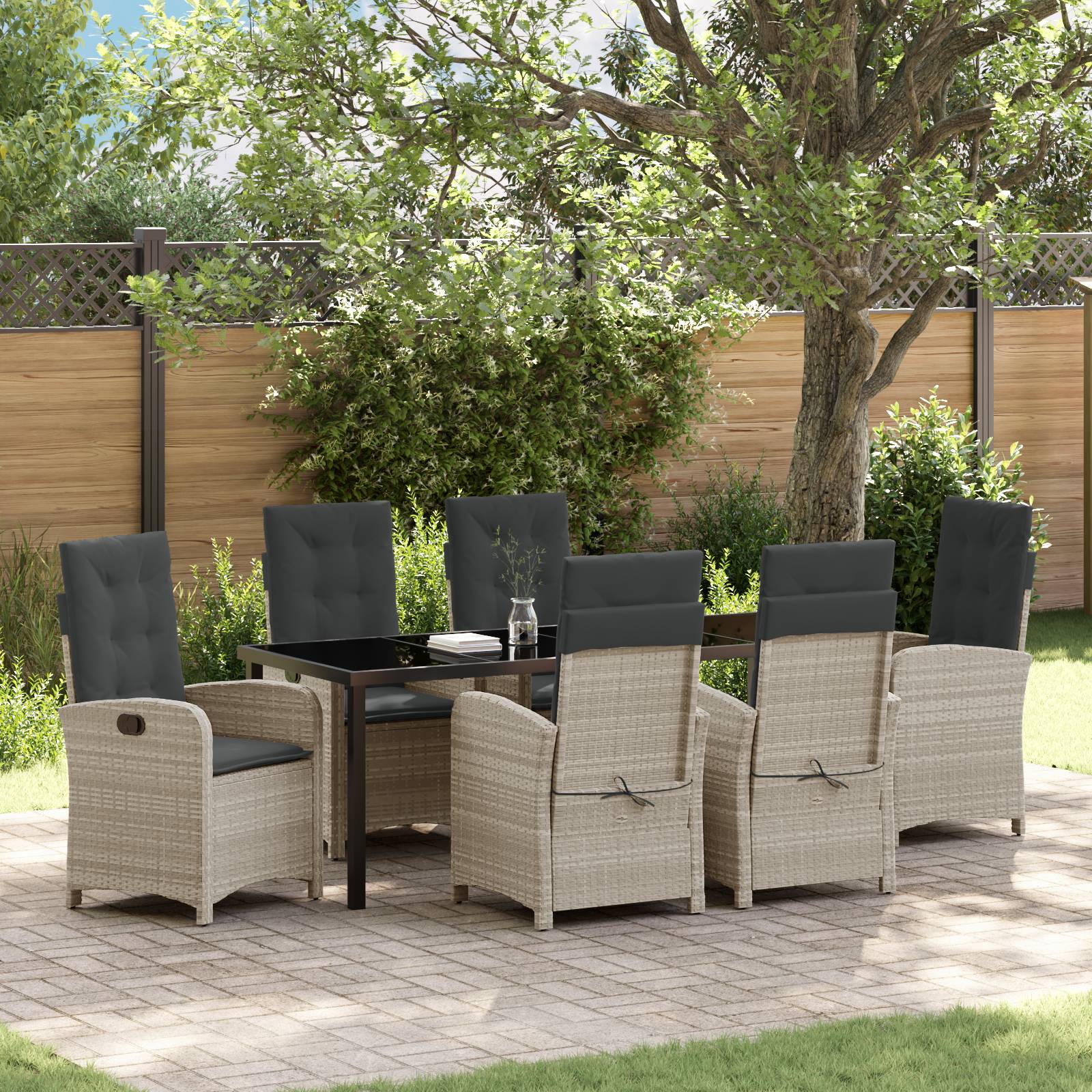 vidaXL 7-teiliges Garten-Dining-Set mit Kissen Hellgrau Poly Rattan