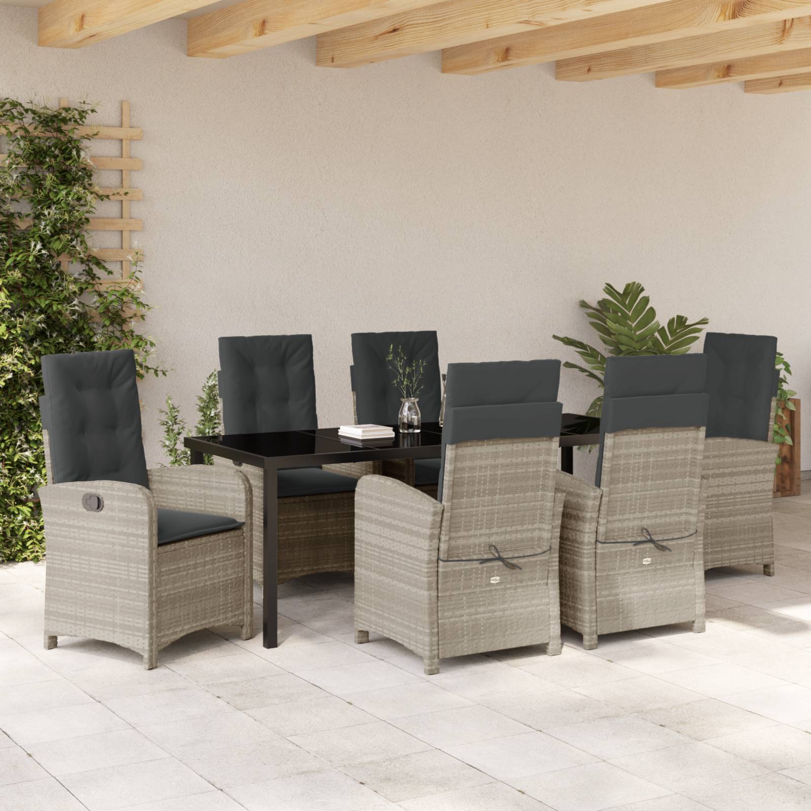 vidaXL 7-teiliges Garten-Dining-Set mit Kissen Hellgrau Poly Rattan