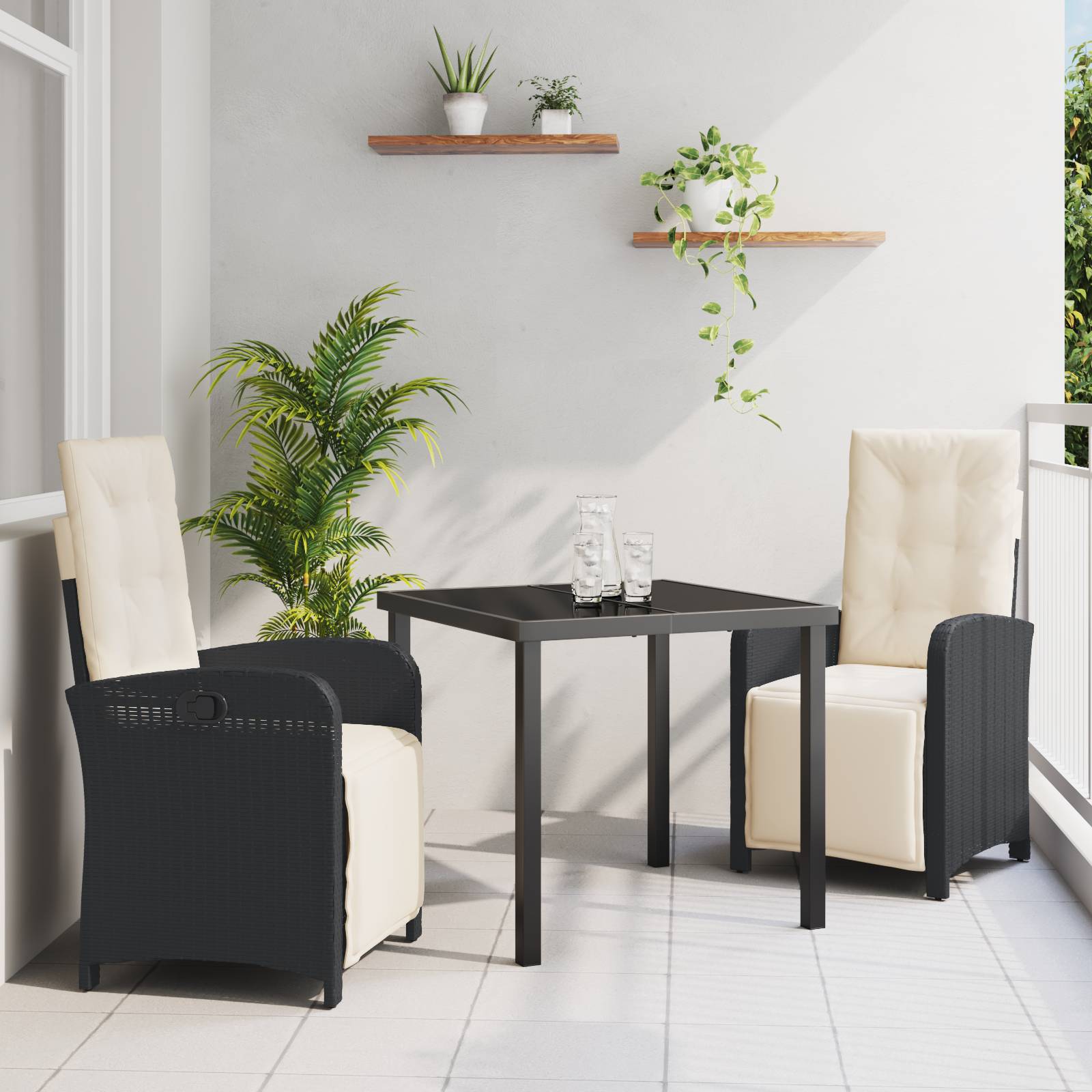 vidaXL 3-teilige Garten Essgruppe mit Kissen Schwarz Poly Rattan