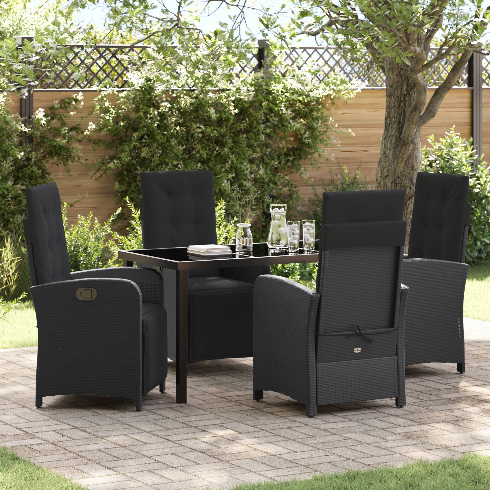 vidaXL 5-teiliges Garten Esszimmer Set mit Kissen Schwarz Poly-Rattan