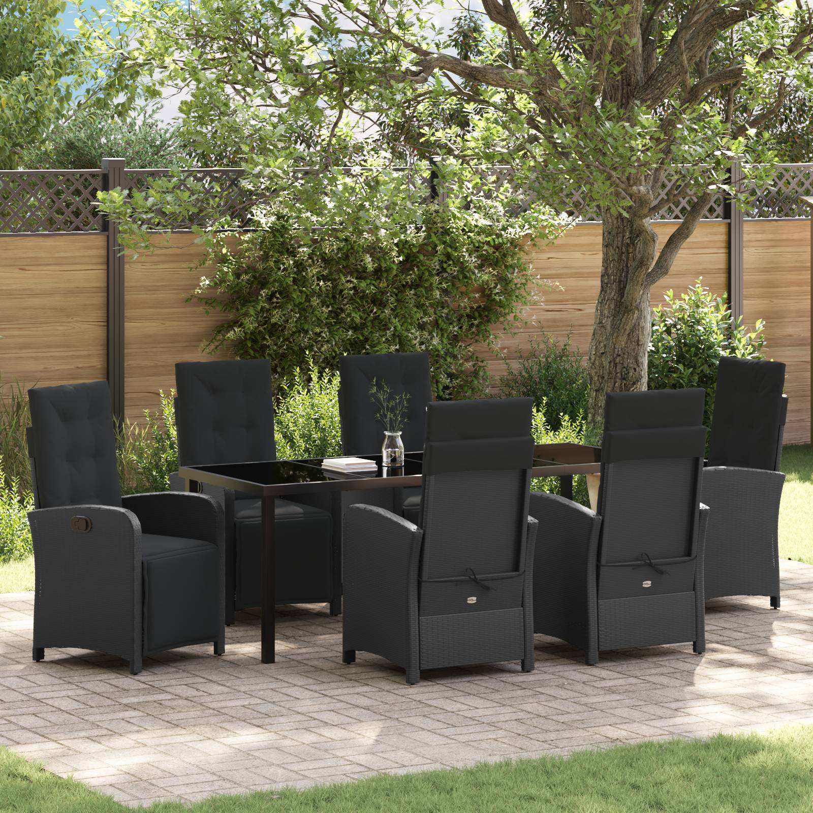 vidaXL 7-teiliges Garten-Essgruppe mit Kissen Schwarz Poly-Rattan