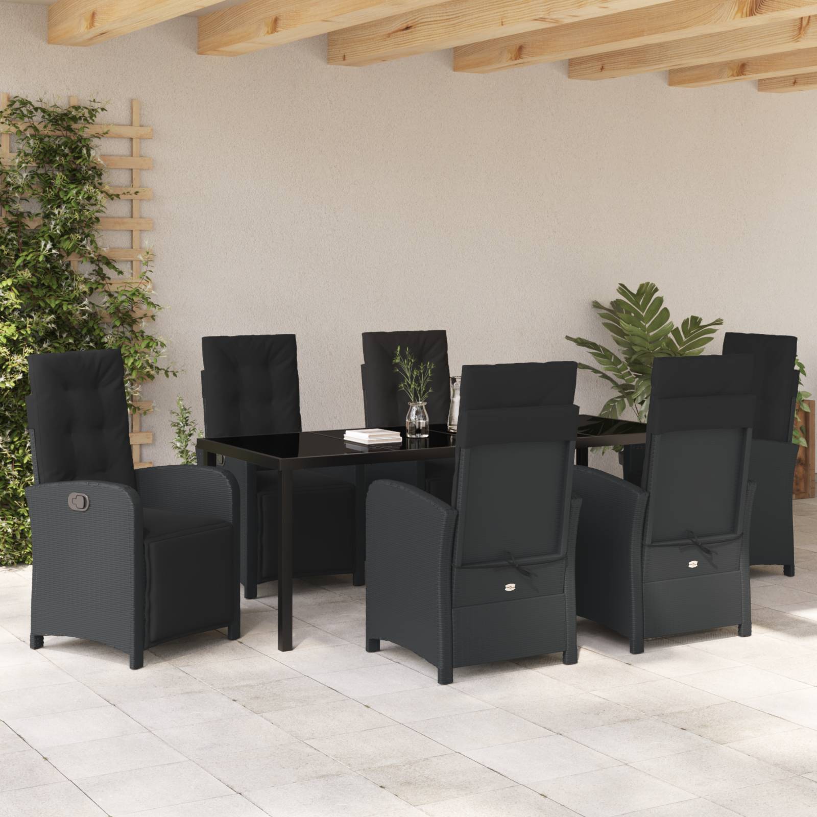 vidaXL 7-teiliges Garten-Essgruppe mit Kissen Schwarz Poly-Rattan