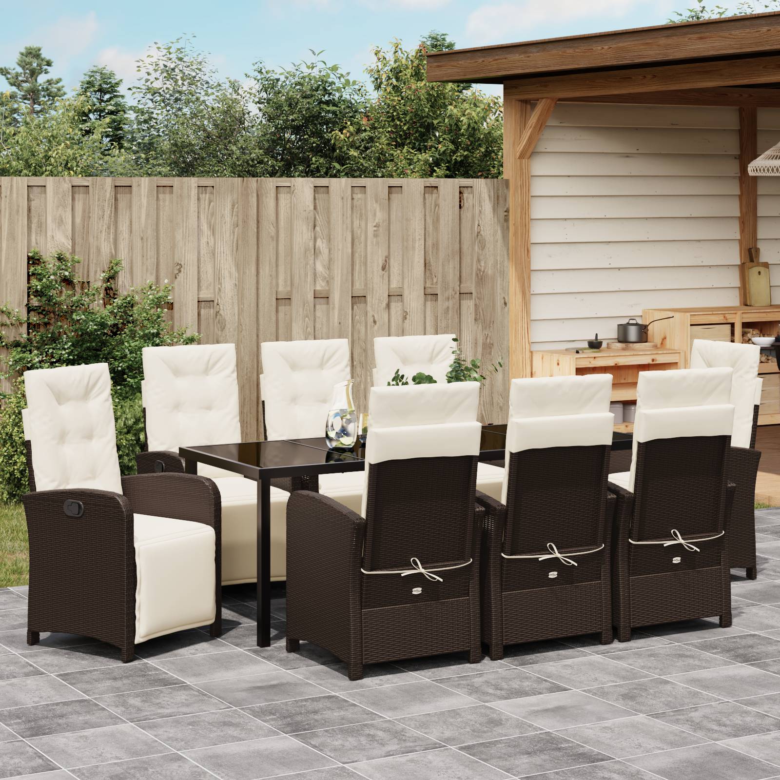 vidaXL 9-teiliges Garten Esszimmer Set mit Kissen Braun Poly Rattan