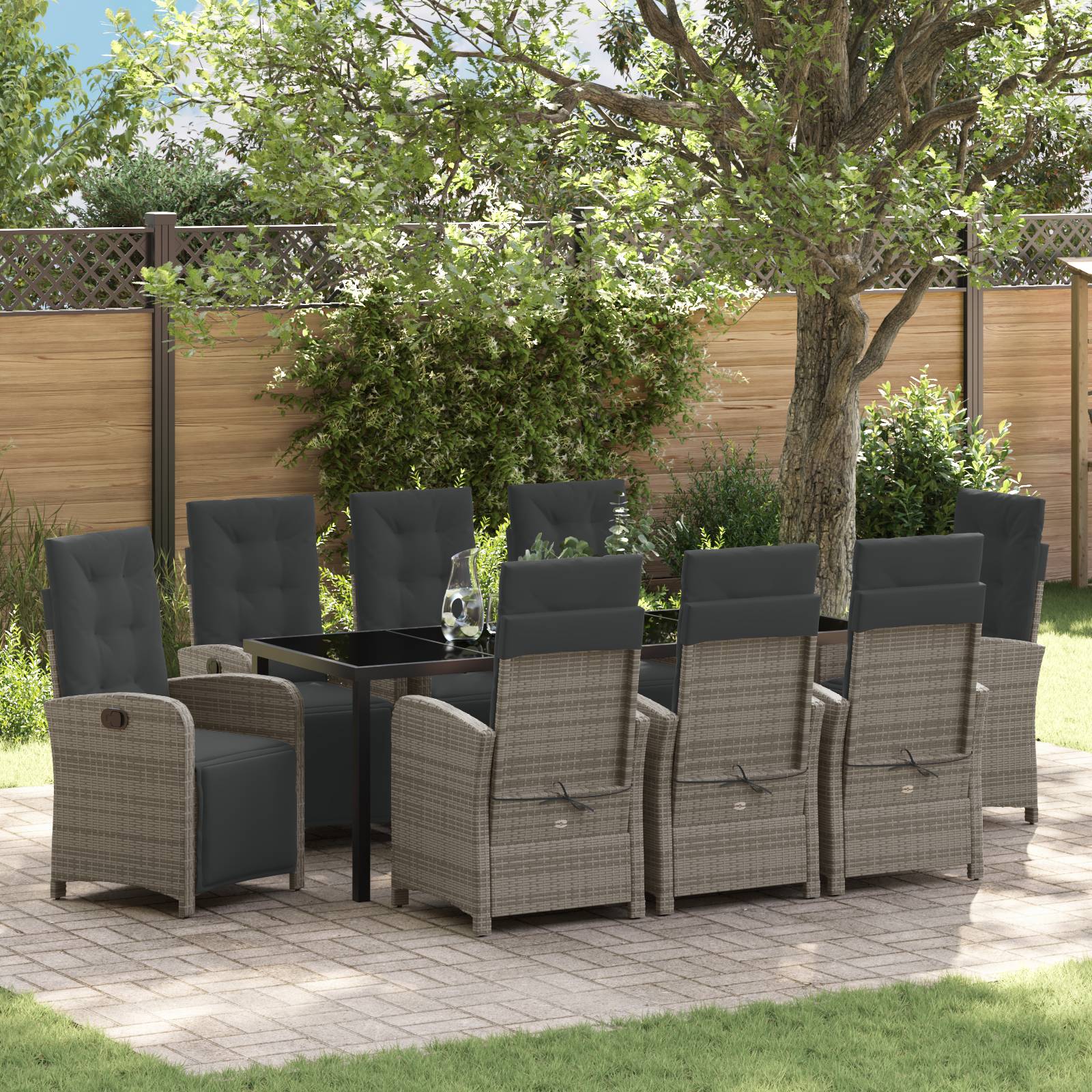 vidaXL 9-teiliges Garten-Dining-Set mit Kissen Grau Poly-Rattan