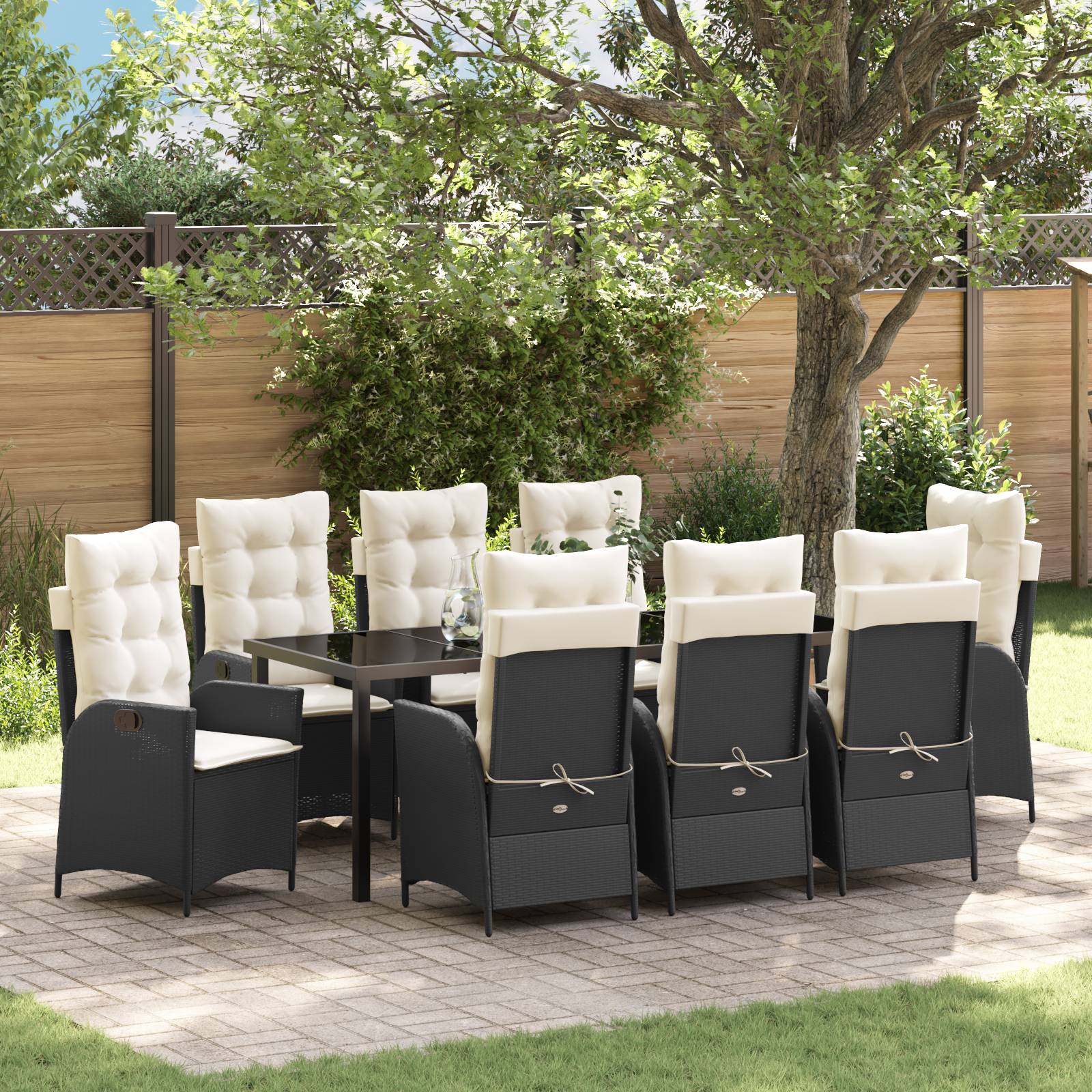 vidaXL 9-tlg. Garten-Essgruppe mit Kissen Schwarz Poly Rattan