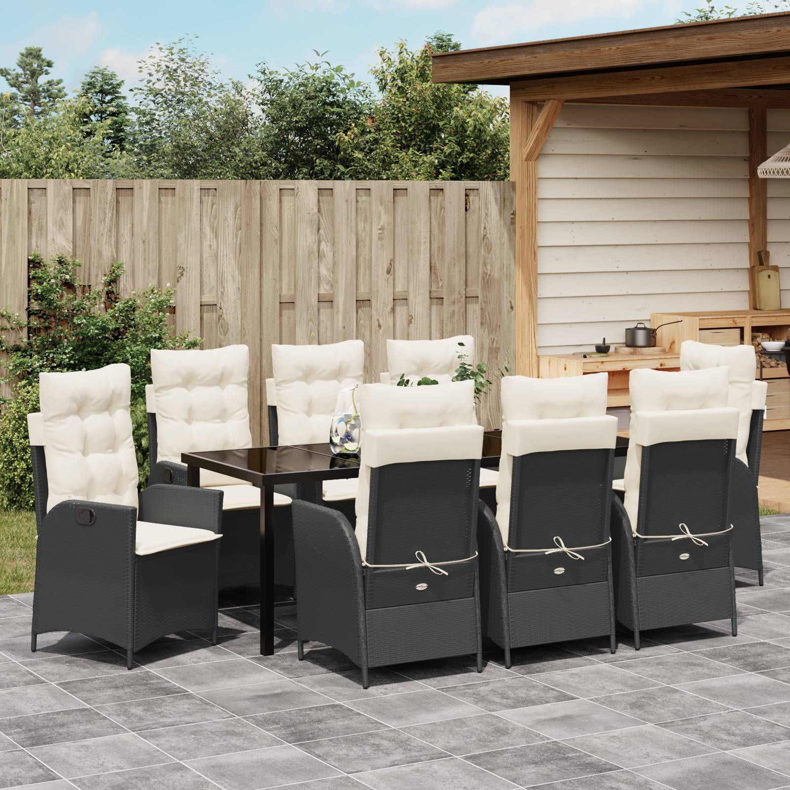 vidaXL 9-tlg. Garten-Essgruppe mit Kissen Schwarz Poly Rattan