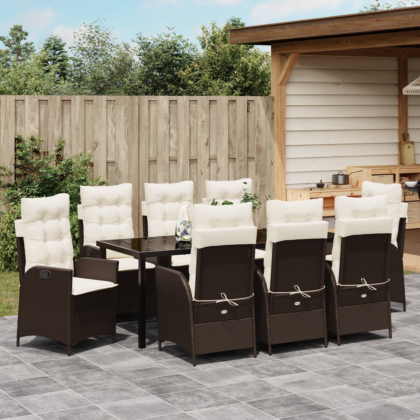 vidaXL 9-tlg. Garten-Essgruppe mit Kissen Braun Poly Rattan