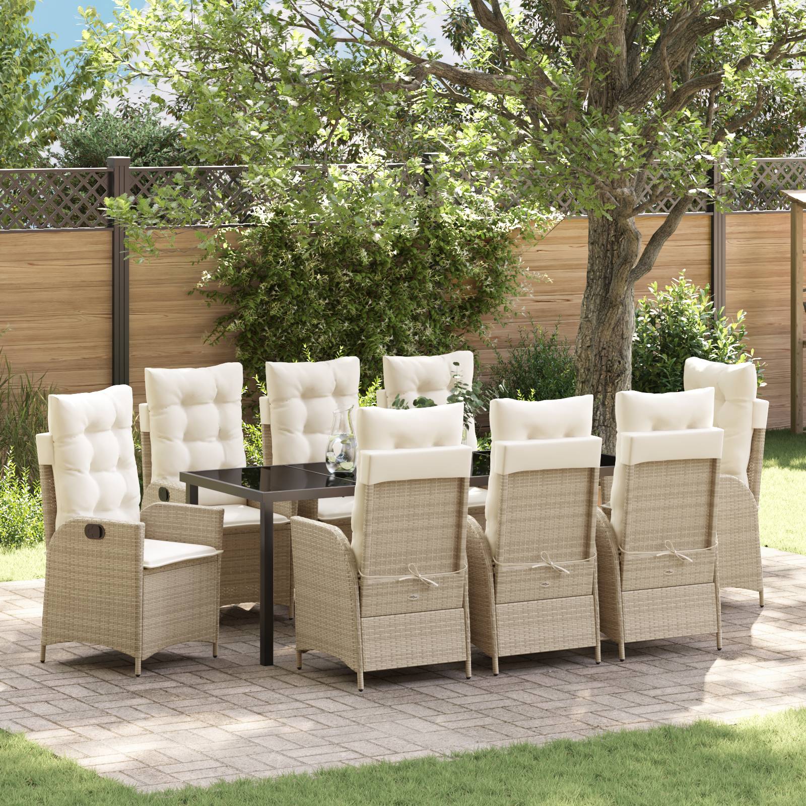 vidaXL 9-tlg. Garten-Essgruppe mit Kissen Beige Poly Rattan
