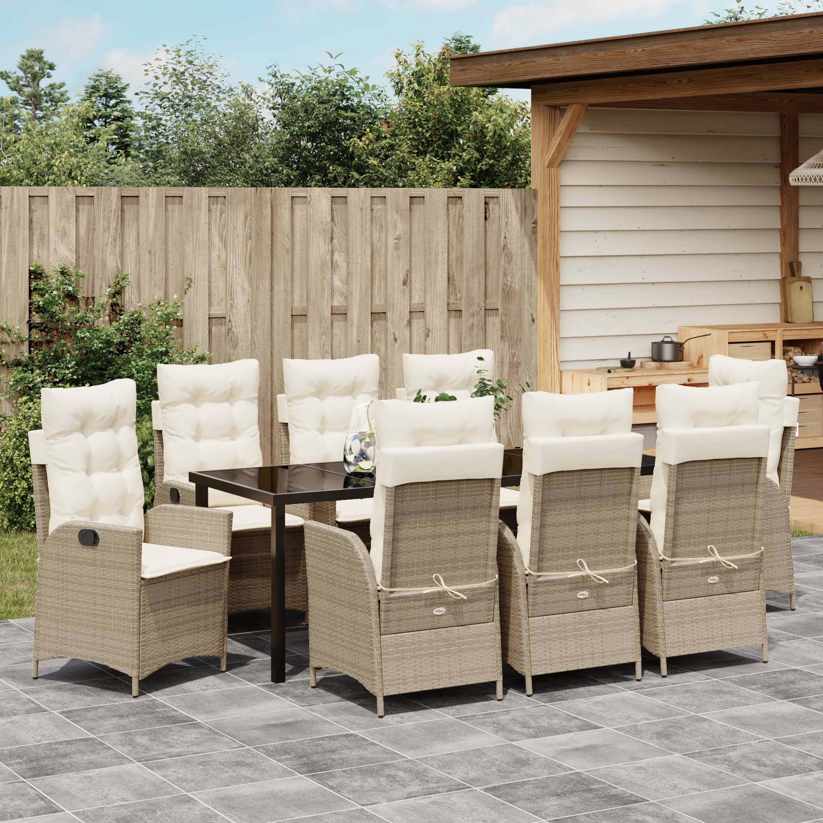 vidaXL 9-tlg. Garten-Essgruppe mit Kissen Beige Poly Rattan