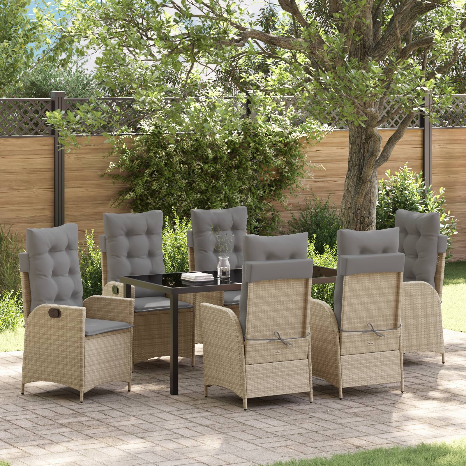 vidaXL 7-tlg. Garten-Essgruppe mit Kissen Beige Poly Rattan