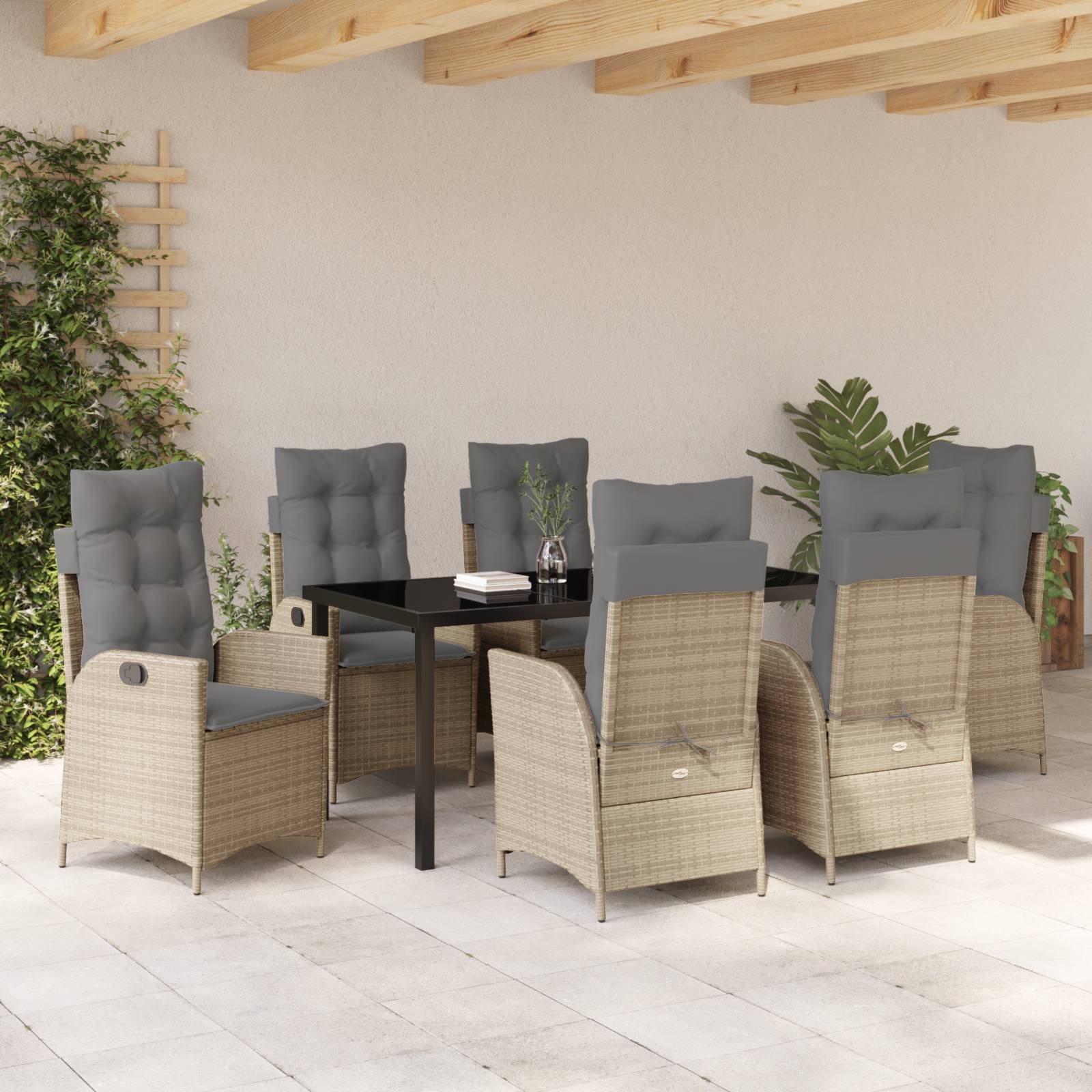 vidaXL 7-tlg. Garten-Essgruppe mit Kissen Beige Poly Rattan