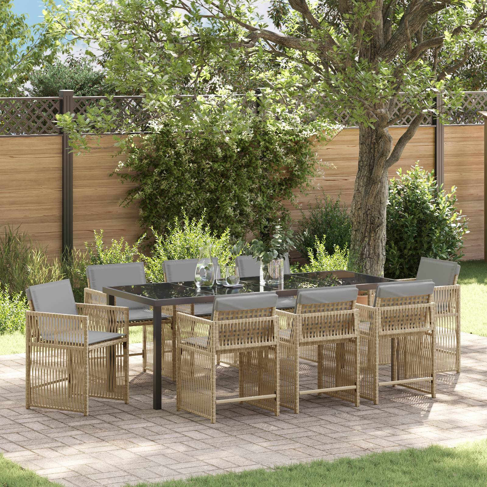 vidaXL 9-teiliges Garten Essset mit Kissen Beige Poly Rattan