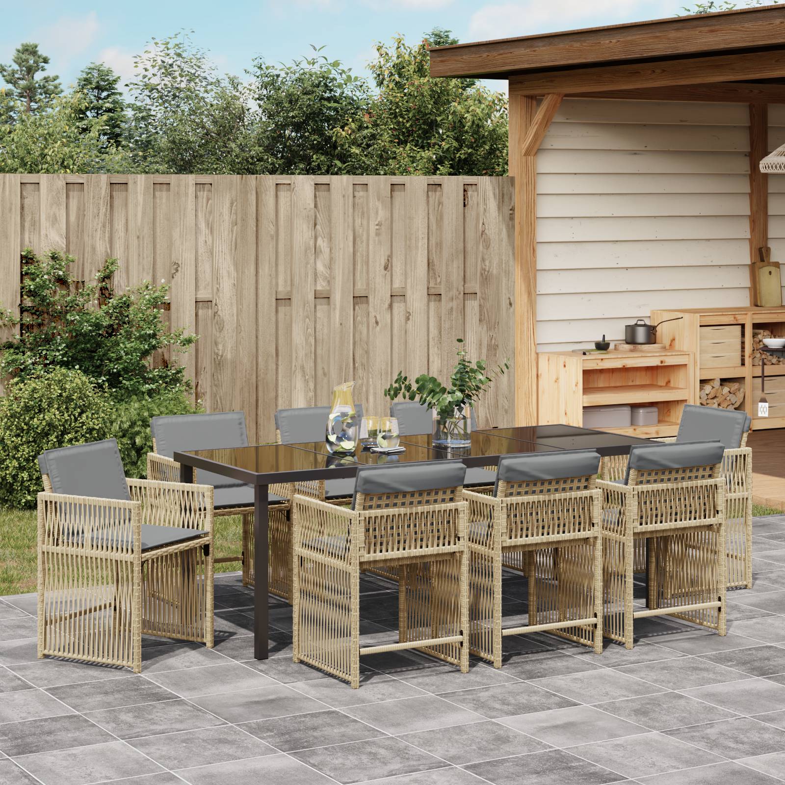 vidaXL 9-teiliges Garten Essset mit Kissen Beige Poly Rattan
