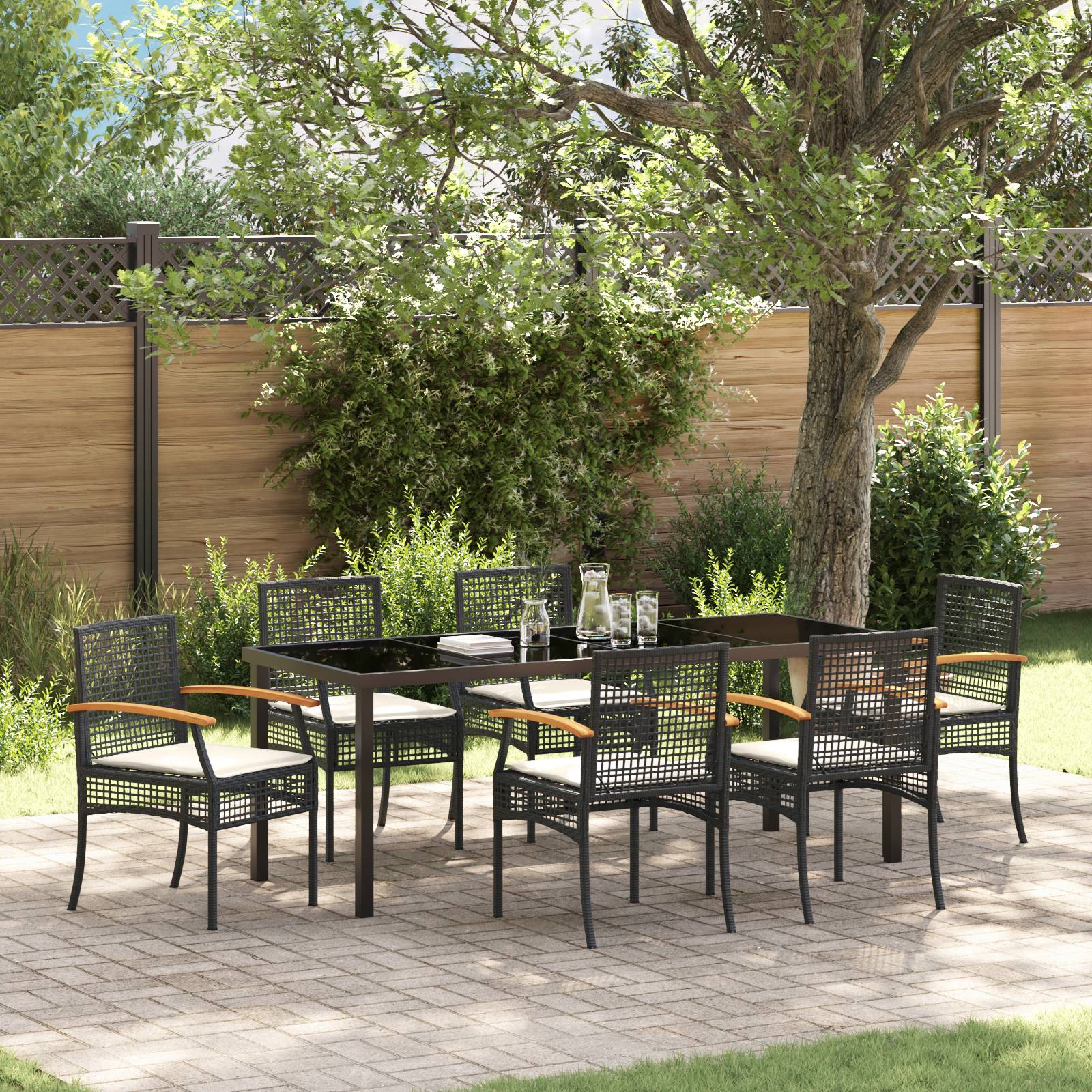 vidaXL 7-teiliges Garten-Ess-Set mit Kissen Schwarz Poly-Rattan