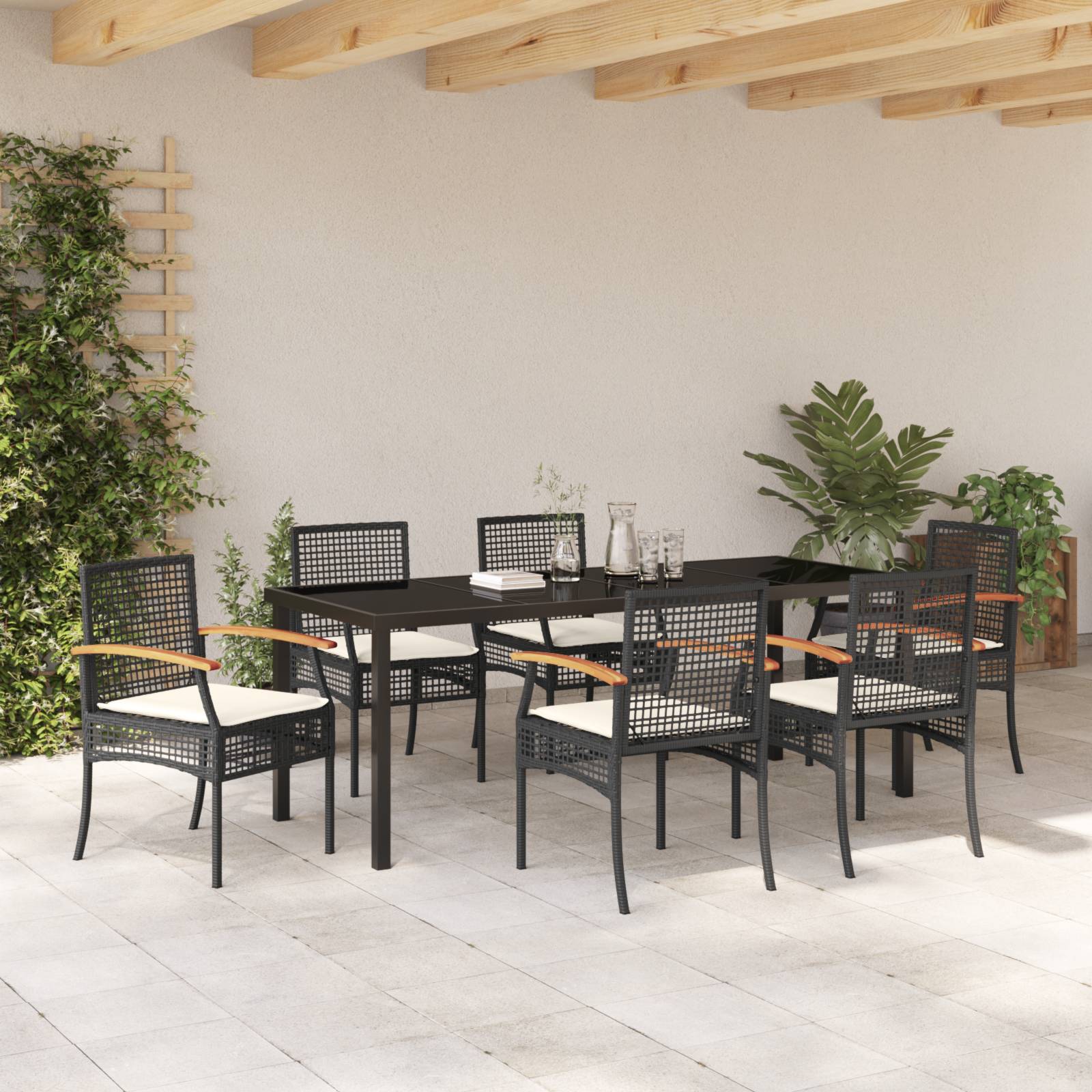 vidaXL 7-teiliges Garten-Ess-Set mit Kissen Schwarz Poly-Rattan