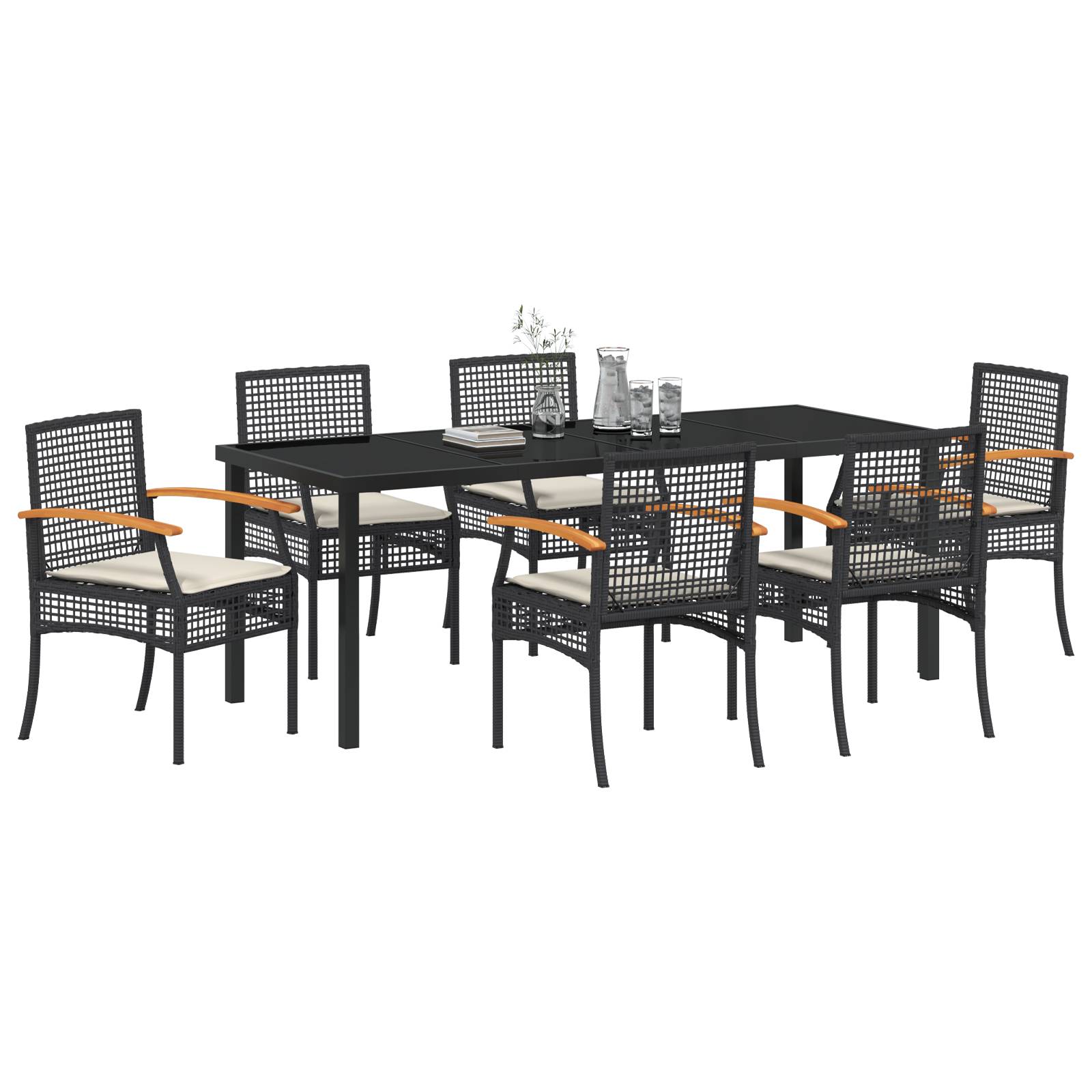 vidaXL 7-teiliges Garten-Ess-Set mit Kissen Schwarz Poly-Rattan